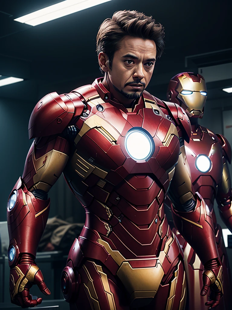 Iron man, cinematic lighting, For T-shirt printing, very detailed explanation、女性型Iron man、big breasts、セクシーIron man、high resolution、
