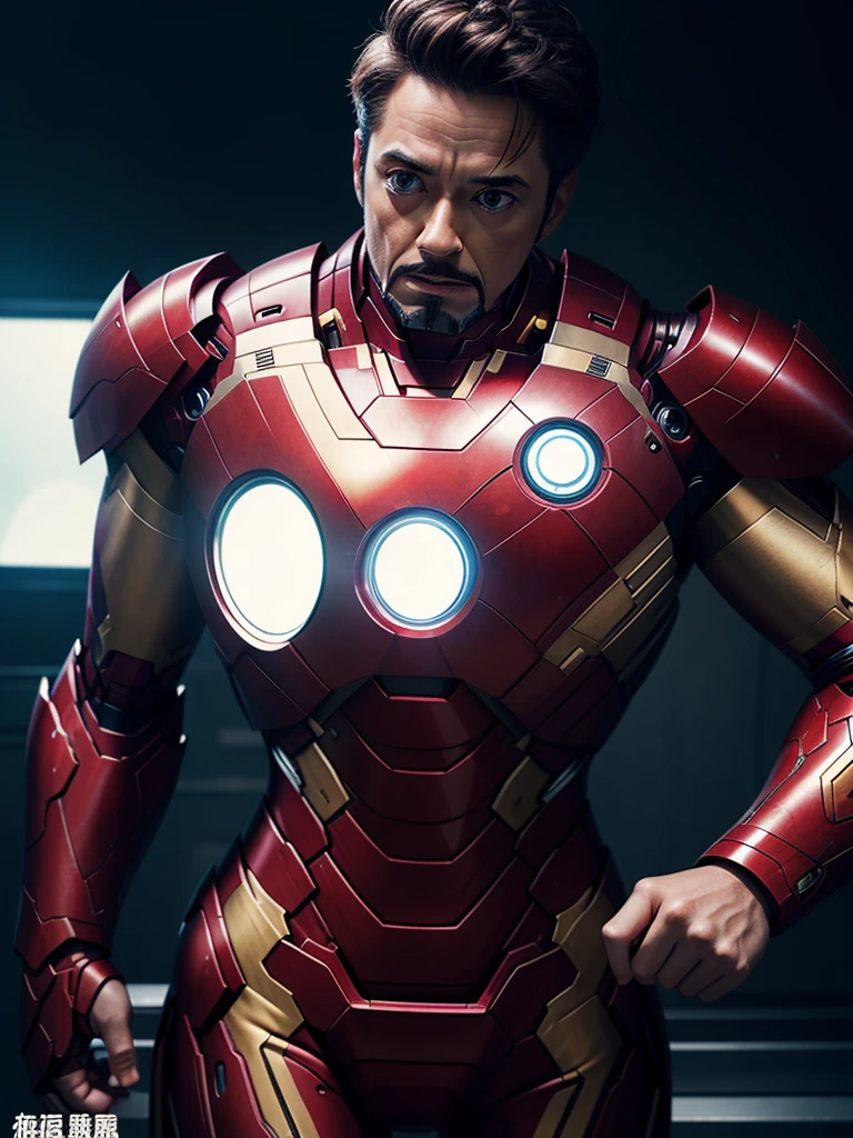 Iron man, cinematic lighting, For T-shirt printing, very detailed explanation、女性型Iron man、big breasts、セクシーIron man、high resolution、