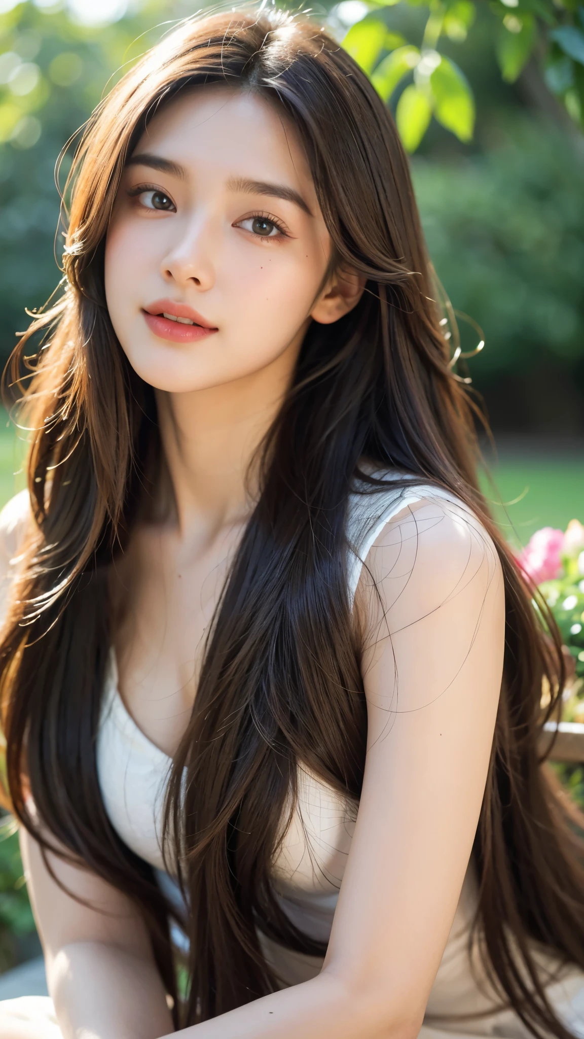 "(best quality, highres, ultra-detailed: 1.2), realistic, beautiful detailed eyes, beautiful detailed lips, extremely detailed eyes and face, girl with super long brown hair, mesmerizing gaze, gentle smile, soft and delicate face, elegant pose, vibrant colors, natural lighting, garden background, lush greenery, flowers in bloom, joyful atmosphere"