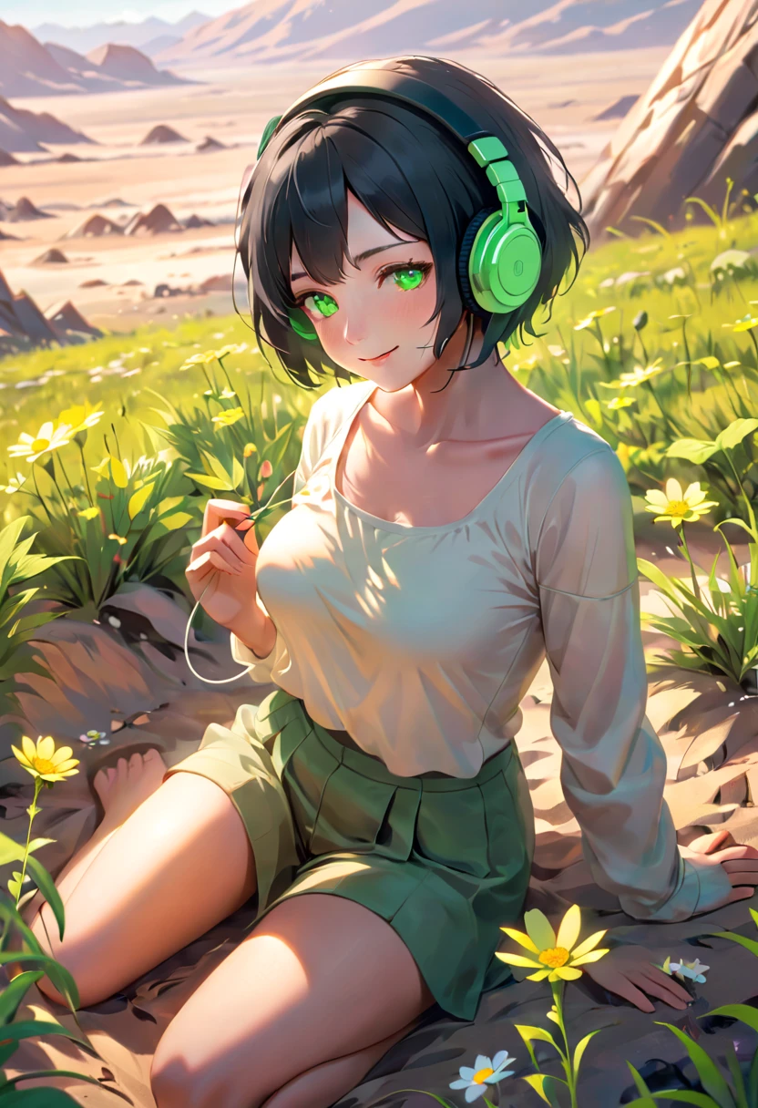 A woman wearing light clothes, short black hair, bright green eyes, and a headphone. She has medium-sized breasts and a toned, strong body. She is siting in the flor, touching a single flower in a barren land. She is smiling, and it's a sunny and beautiful day. 
An image that inspires calmness, tranquility, lightness, simplicity, and comfort. Is post apocalypitc, but everyting is gonna be alright. Ligh effects and shadow play. 