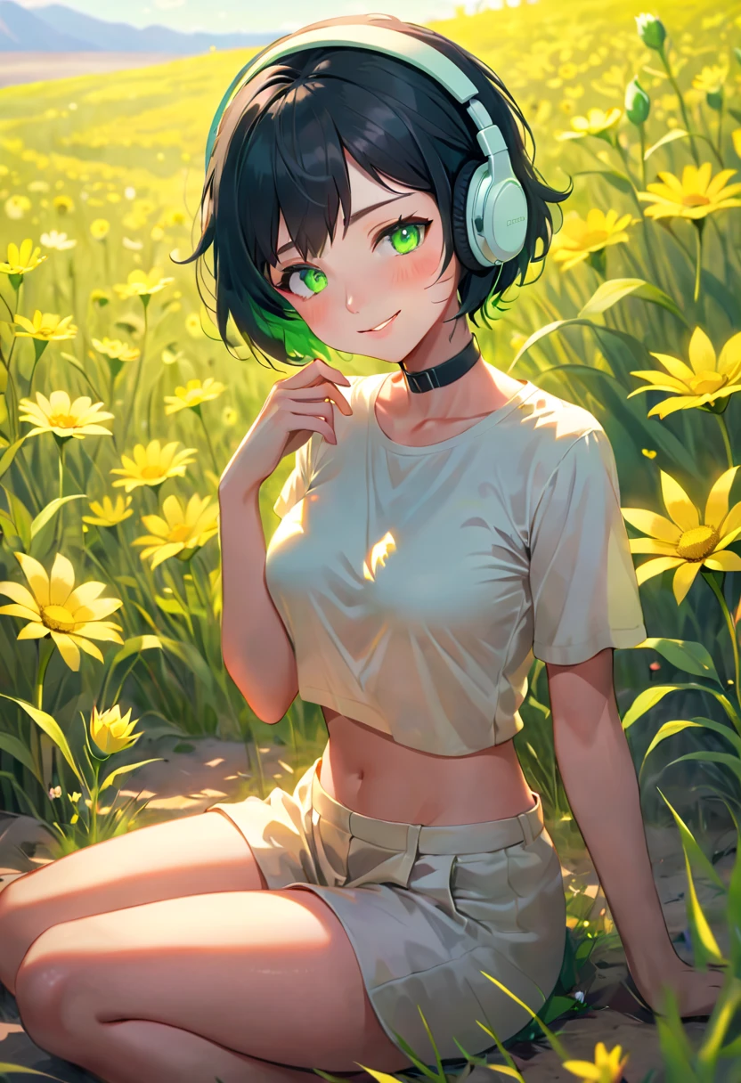 A woman wearing light clothes, short black hair, bright green eyes, and a headphone. She has medium-sized breasts and a toned, strong body. She is siting in the flor, touching a single flower in a barren land. She is smiling, and it's a sunny and beautiful day.
An image that inspires calmness, tranquility, lightness, simplicity, and comfort. Is post apocalypitc, but everyting is gonna be alright. Ligh effects and shadow play.