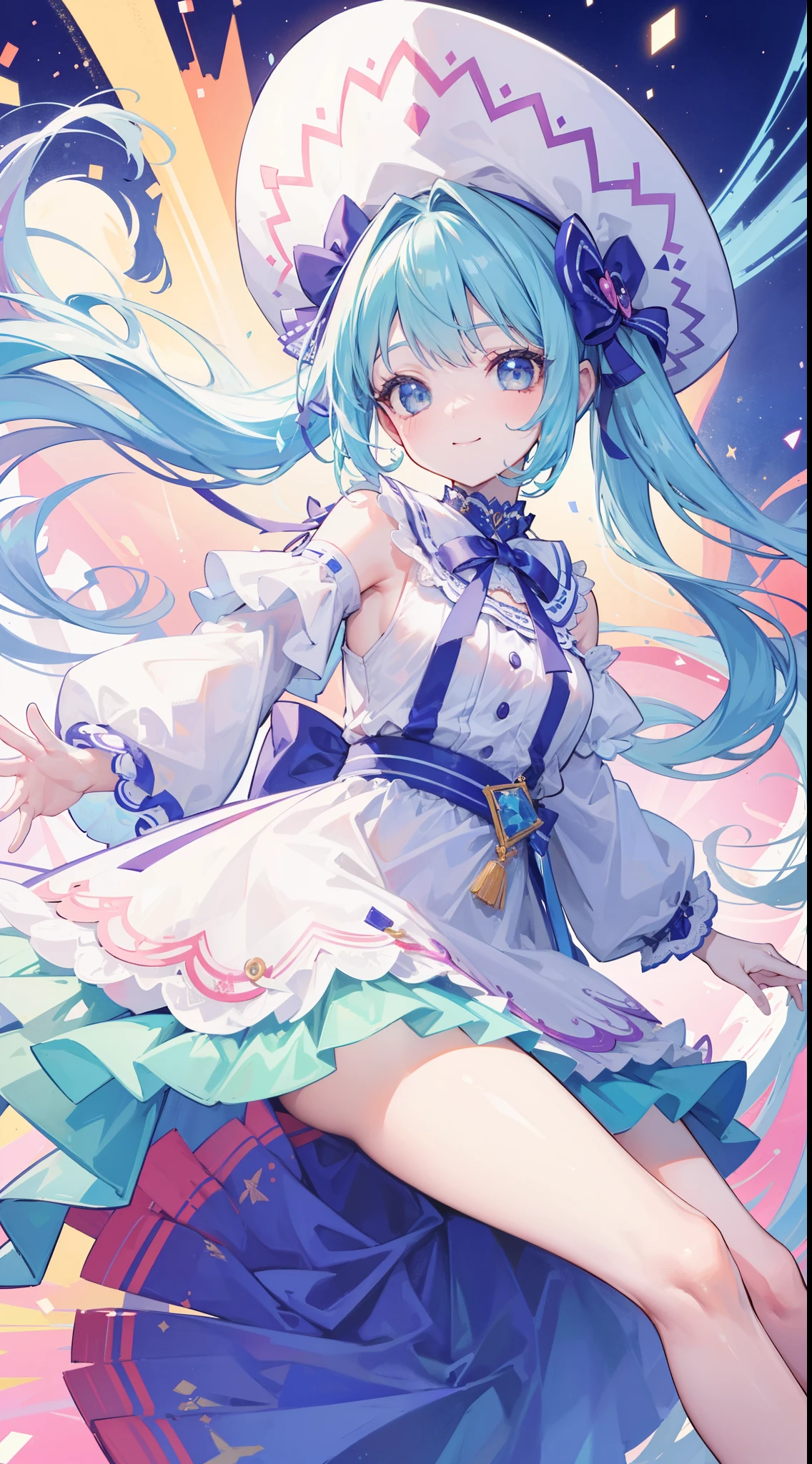 32k, best quality, ultra-detailed, high resolution, perfect anatomy, head on, cute girl, cute dress, cute hat, cute smile, colorful background,