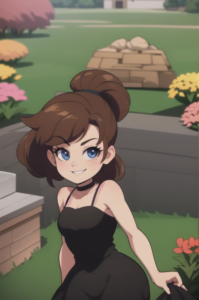 80's anime style, brown hair, ponytail, blue eyes, bare arms, little black dress, black chocker, smile, cowboy shot, standing, garden, gazebo, beautiful, best quality, close up, 1 girl, solo.