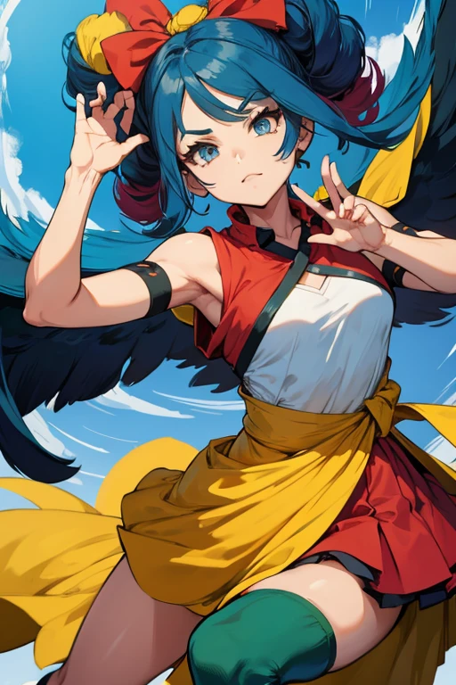 anime, estilo pokemon rubi, garota, folclore brasileiro, Brazilian India, dynamic pose, atacando o espectador, olhos amarelos, cabelo arco-iris