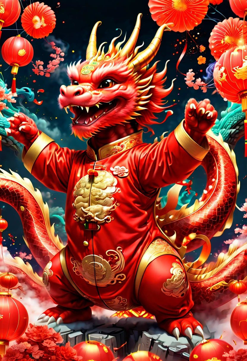 text "China", Chinese New Year "2024", dragon cub mascot, red clothes, Chinese bowing, spit out many golds, red envelopes, fireworks, confetti, strong festive atmosphere, Chinese elements, panoramic view, Ultra high saturation, (best quality, masterpiece, Representative work, official art, Professional, 8k)