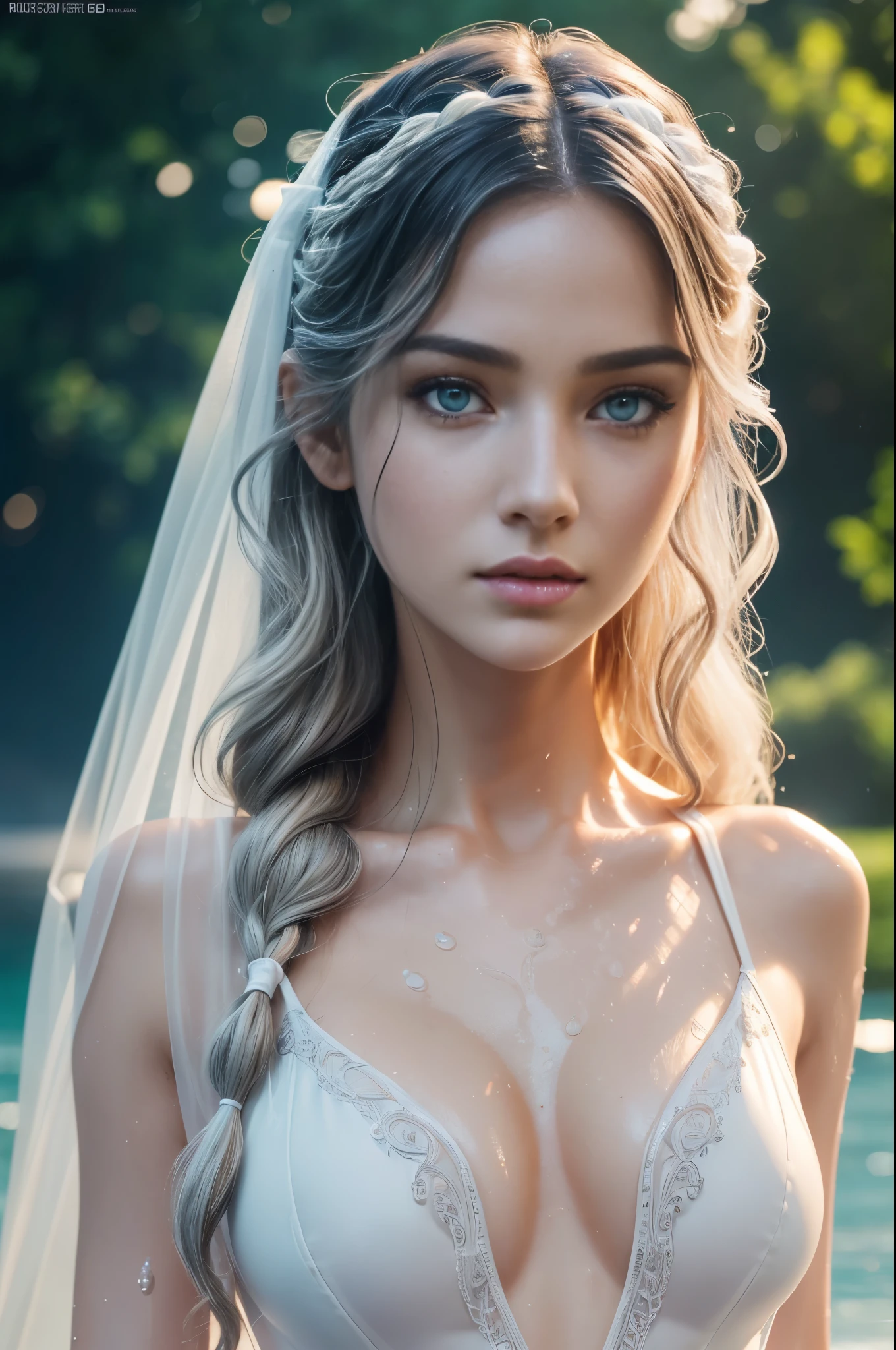 (whole body:1.3)(extremely intricate:1.3), (photorealistic:1.4), Ukrainian Supermodel, hyper-detailed wet sheer outfit, (sensual pose), (lewd face), sexy lips, waifu, oppai, beautiful, cute, pretty, perfectly proportion body, perfect framing, sharp gray eyes, supermodel face, detailed face, pale white skin, [[freckles skin]], (((white wavy hair))), cover art, moody,  zoom out, depth of field, art station, (luminism), (((cinematic lighting))), orange and teal, soft light, [summer weather: sunset weather:2.5] 4k resolution, octane render,