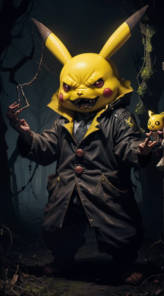 Scary big Pikachu，Pikachu is very angry，Thick mist wraps the vines, There is a big red moon behind，a haunted house,strange forest,abandoned shelter,Creepy doll,sinister shadow,Possessed by demons,Haunted dollhouse,The Cursed Mirror,Prank activity,zombies apocalipsis,Spooky cemetery,,Evil spirits,