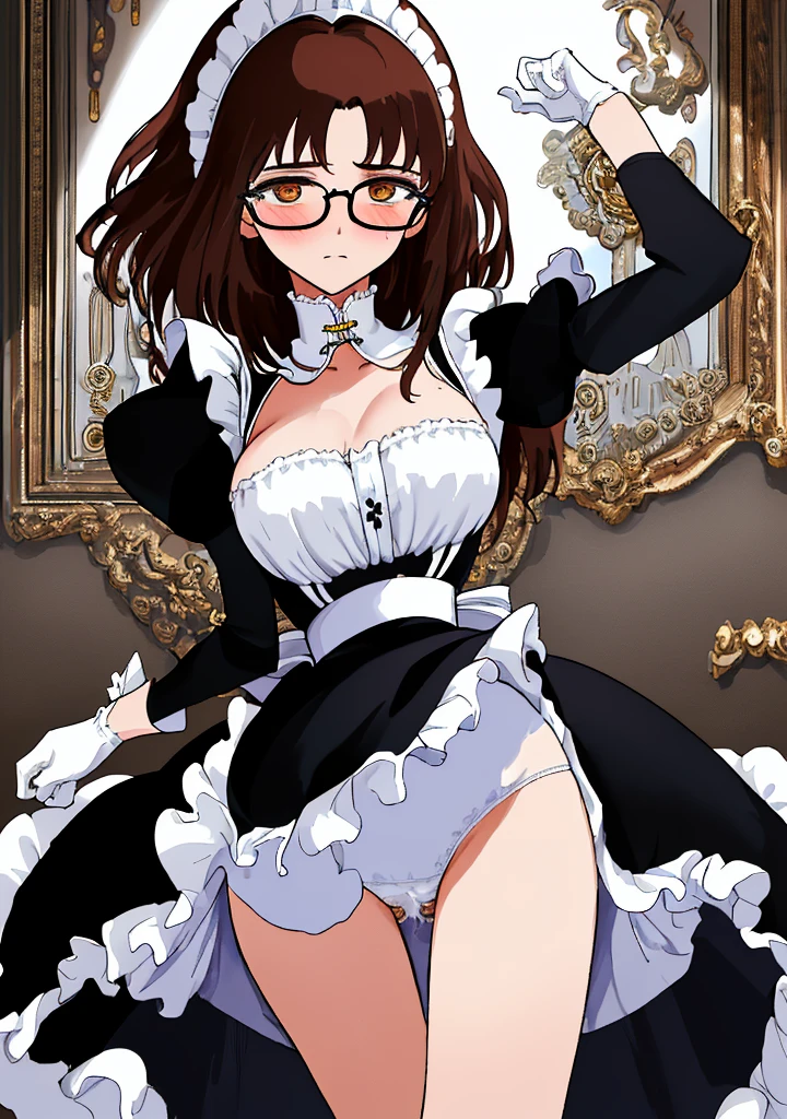 Masterpiece, Best Quality, extremly detailed, Cinematic lighting, intricate detials, hight resolution, official arts, finely detailed beautiful face and eyes, high-resolution illustration, 8K, dark intense shadows, 1girl, medium breast, long brown hair, copper hair tips, brown eyes, glasses, (swept bangs), maid uniform, dark blue dress, black shirt, puffy sleeves, long sleeves, (white waist apron), white gloves, maid headdress, lace-up white panties, broken look, broken, blushing, tears, cum, blood, cum and blood flowing out of pussy, bare breasts, pubic hair, show pussy, lying on the floor