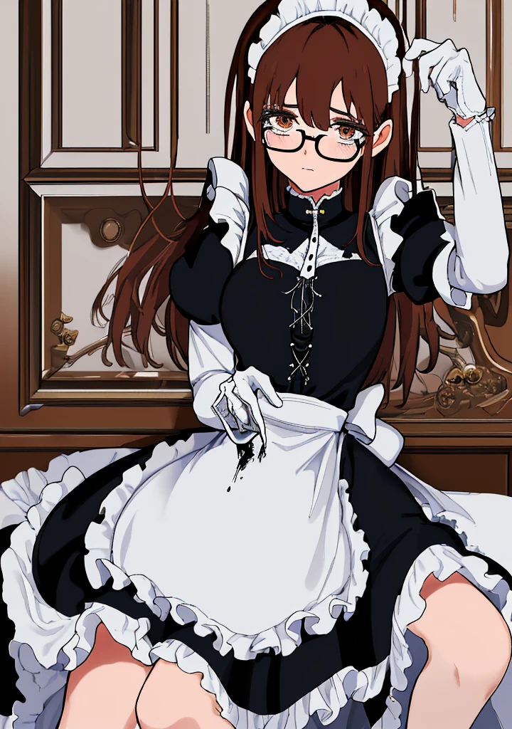 Masterpiece, Best Quality, extremly detailed, Cinematic lighting, intricate detials, hight resolution, official arts, finely detailed beautiful face and eyes, high-resolution illustration, 8K, dark intense shadows, 1girl, medium breast, long brown hair, copper hair tips, brown eyes, glasses, (swept bangs), maid uniform, dark blue dress, black shirt, puffy sleeves, long sleeves, (white waist apron), white gloves, maid headdress, lace-up white panties, broken look, broken, blushing, tears, cum, blood, cum and blood flowing out of pussy, bare breasts, pubic hair, show pussy, lying on the floor