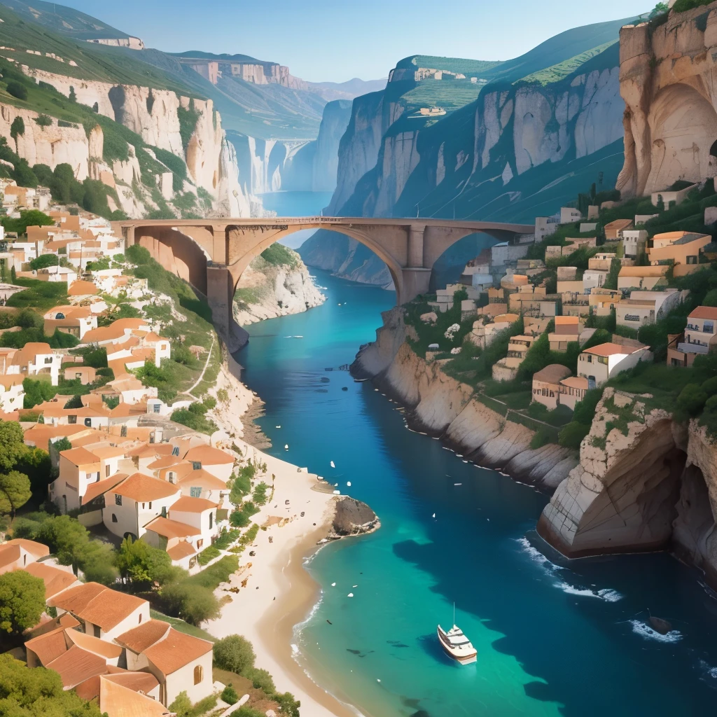Landscape of a (dense Mediterranean village) built into canyon walss with bridges everywhere