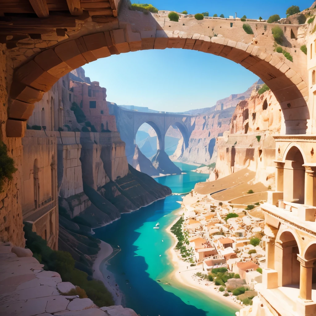 Landscape of a (massive Mediterranean village) built into canyon with bridges everywhere