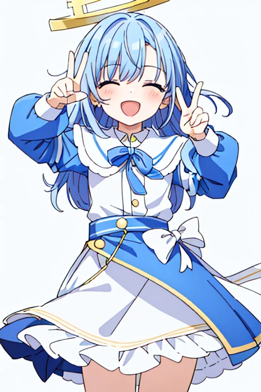 (masterpiece, best quality:1), 1girl, solo, internet yamero, 1girl, solo, smile, open mouth, finger raised, ^ ^, closed eyes, simple background, white background, alice_halo