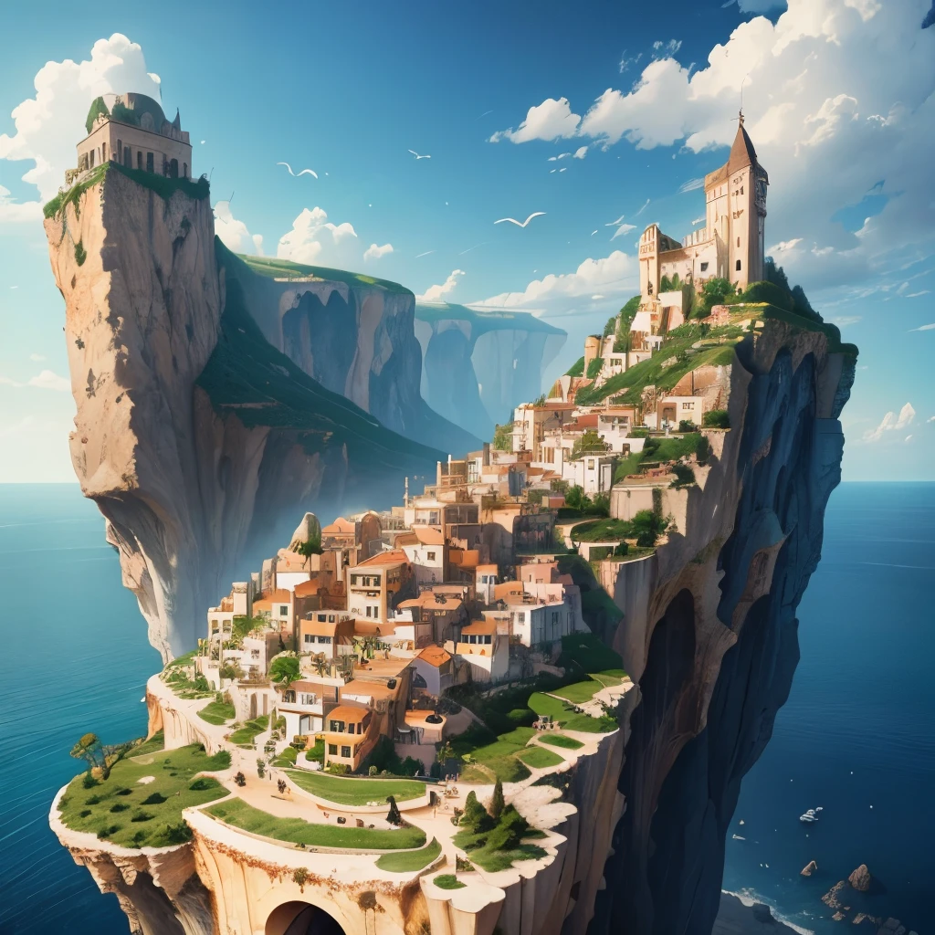 Fantastical Landscape of a multilevel crowded Mediterranean village built into a massive cliff with bridges