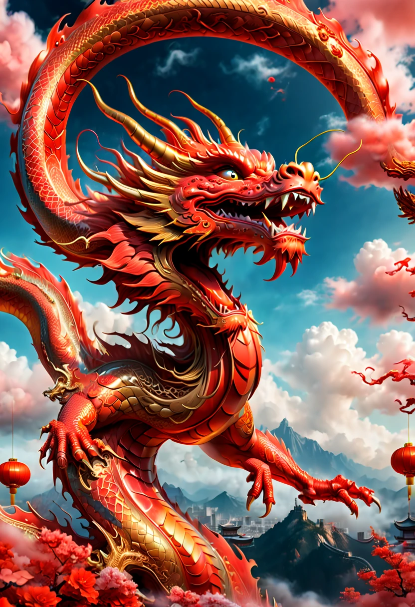 Year 2024, red theme, Chinese dragon flying on the sky, panoramic view, Ultra high saturation, (best quality, masterpiece, Representative work, official art, Professional, 8k)