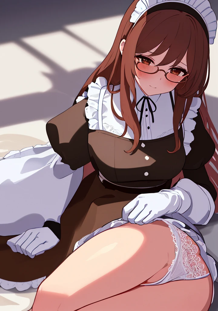 Masterpiece, Best Quality, extremly detailed, Cinematic lighting, intricate detials, hight resolution, official arts, finely detailed beautiful face and eyes, high-resolution illustration, 8K, dark intense shadows, 1girl, medium breast, long brown hair, copper hair tips, brown eyes, glasses, (swept bangs), maid uniform, dark blue dress, black shirt, puffy sleeves, long sleeves, (white waist apron), white gloves, maid headdress, lace-up white panties, broken look, broken, blushing, tears, cum, blood, cum and blood flowing out of pussy, bare breasts, pubic hair, show pussy, lying on the floor