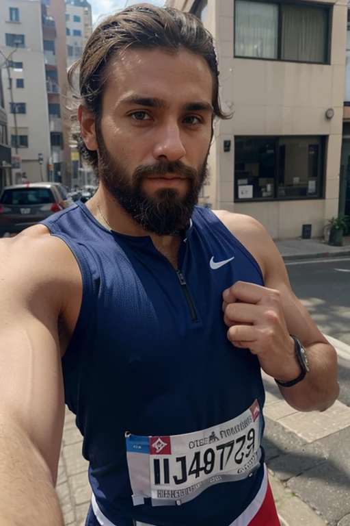 quiero un hombre guapo con barba haciendose un selfie con ropa de running
