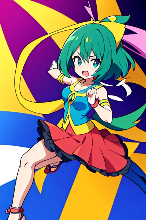 anime, estilo pokemon rubi, garota, folclore brasileiro, Brazilian India, dynamic pose, atacando o espectador, olhos amarelos, cabelo arco-iris