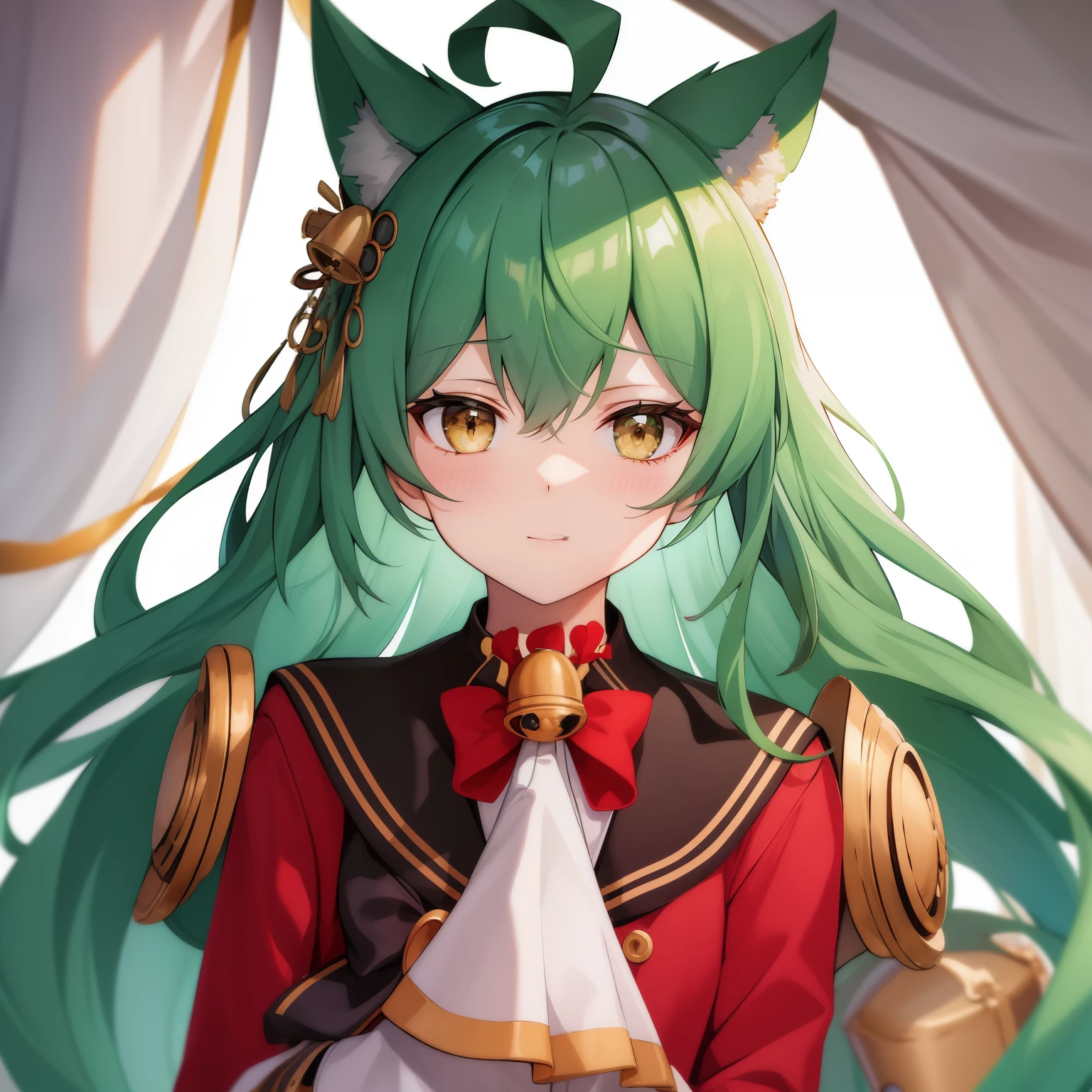 (masterpiece, Best quality:1.2),illustration,8K,HD,1 girl,One,Upper body,(portrait:1.2),animal_ears,cat_ears,green_hair,long_hair,Ahoge,yellow_eyes,hair_between_eyes,a gift,Very_long_hair,Bell,hair_ornament,Bang,hair_a gift,dress,long_sleeves,sleeves_past_Wrists,white_dress,bell_Bell,red_a gift,sleeves_past_fingers,sailor_dress,black_a gift,brown_eyes,hair,sailor_Collar,