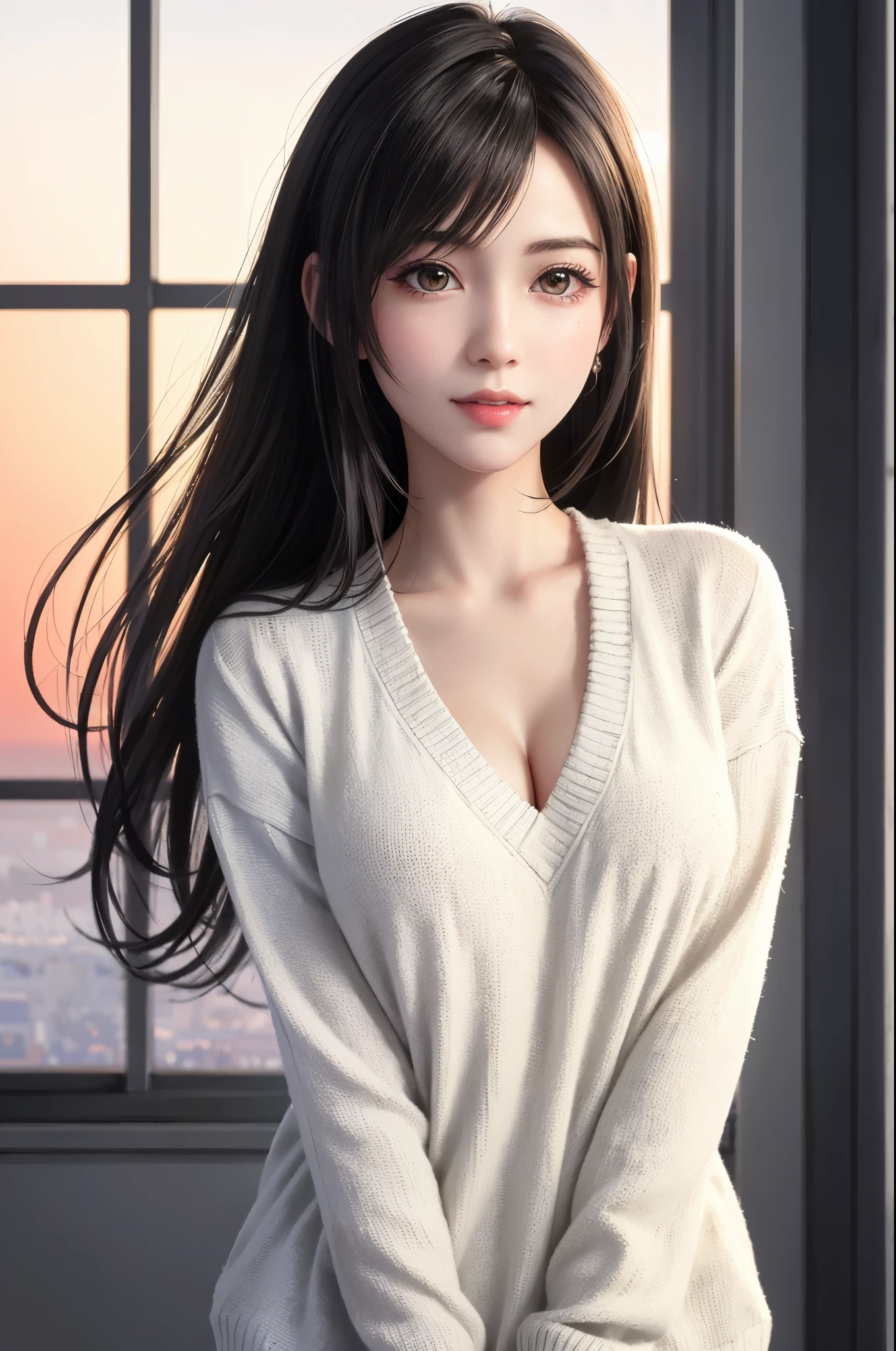 (Top Quality, Masterpiece: 1.1), (Realistic: 1.3), Wallpapers,ultra high res,ultra high quality,  BREAK (((FF7,Tifa_lockhart))),Ultra-detailed face, Detailed eyes,(black Brown Hair, Large breasts: 1.2),(Imaginative Macanese Female Page,background is Unique The Tablets of Stone,at Sunrise), side view:1.2, BREAK (wearing oversized loose sweater, Exquisite cloth, white Clothes,bare back:1.3,virgin killer sweater:1.3),clothed,(No Bra) ,(Small and beautiful hard ),(shiny oiled skin: 1.1), about 18 years old, BREAK  smile,kawaii,(sexy pose:1.2),cowboy shot 