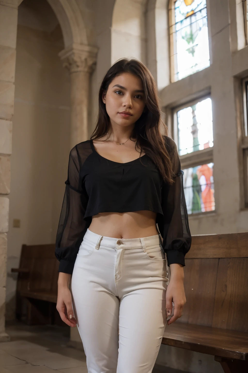(francesa, piel morena, pants with blouse, iglesia de oaxaca)