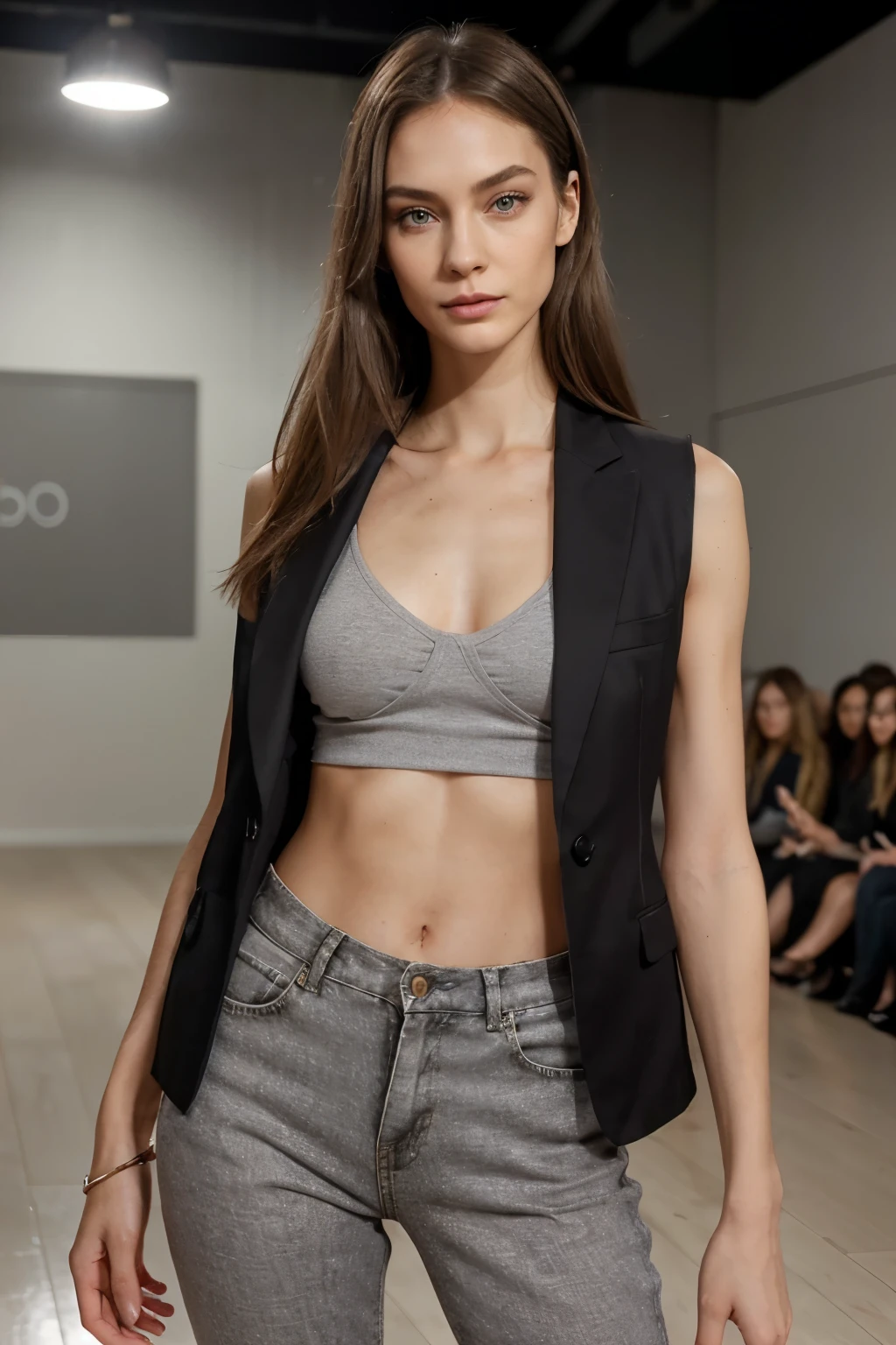Generate a detailed young lady in her 24 years physical appearance. Highlight her tall and slender build, symmetrical face with high cheekbones and a defined jawline, almond-shaped light gray eyes, and varying hairstyles, from long and straight to shorter cuts. Emphasize her stylish fashion sense, often seen embracing contemporary and chic looks both on and off the runway."