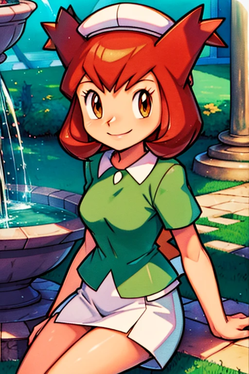 bianca (pokemon heroes), bianca outfit (pokemon heroes), anime, masterpiece, best illustration, 2d, high resolution, high quality, 1 girl, smile, sitting down, next to a fountain.