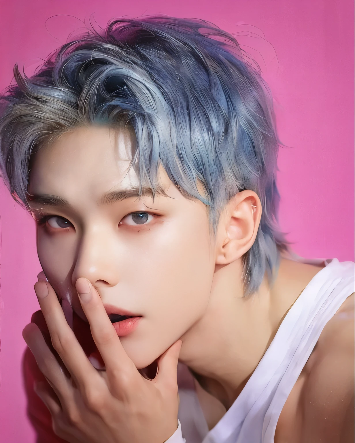 a close up of a person with a blue hair and a white tank top, hwang hyunjin of stray kids, hwang hyunjin of stray kids, inspired by hwang hyunjin of stray kids, hwang hyunjin of stray kids, hwang hyunjin of stray kids, he has dark grey hairs, interesting skin coloring, portrait of kpop idol, inspired by hwang hyunjin of stray kids, smooth blue skin, hwang hyunjin of stray kids, hwang hyunjin\'s of stray kids plump lips