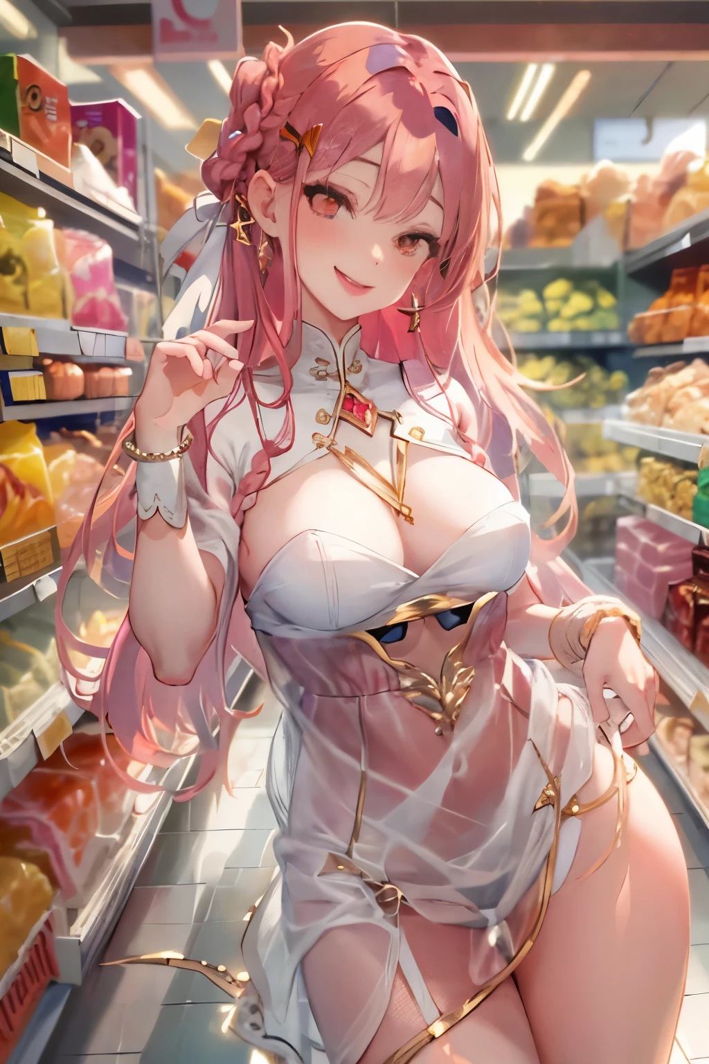 NSFW, 1girl, official anime art illustration, gilded jeweled circlet, (long white braided hair), red eyes, (aroused plump Vietnamese girl inside grocery store bakery aisle), small breasts, (sheer tight detailed ((red)) dress), {DD} wink and smile expression, perfectly photorealistic, incredibly detailed, 8k, UHD, masterpiece, best quality, ultra detailed, intricate,