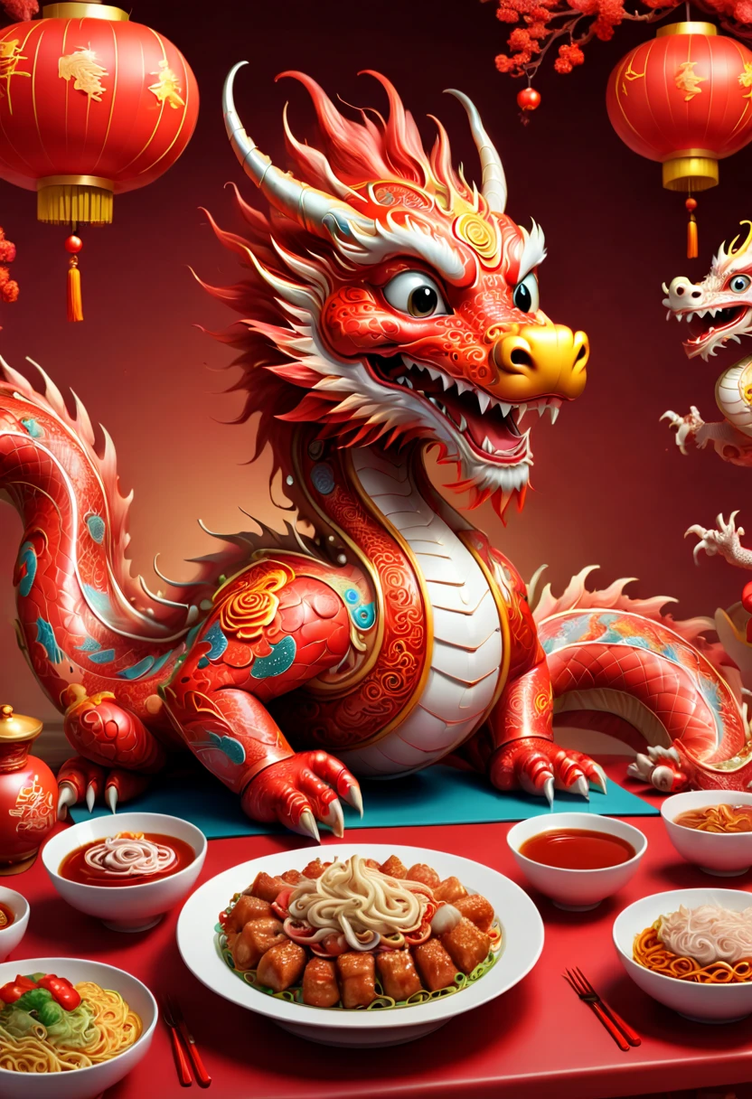 Year 2024, red theme, Chinese dragon, dressed mascot, Chinese food on table, Chinese festive atmosphere, zentagle art, surprise, happy, Enhancer, (best quality, masterpiece, Representative work, official art, Professional, 8k)