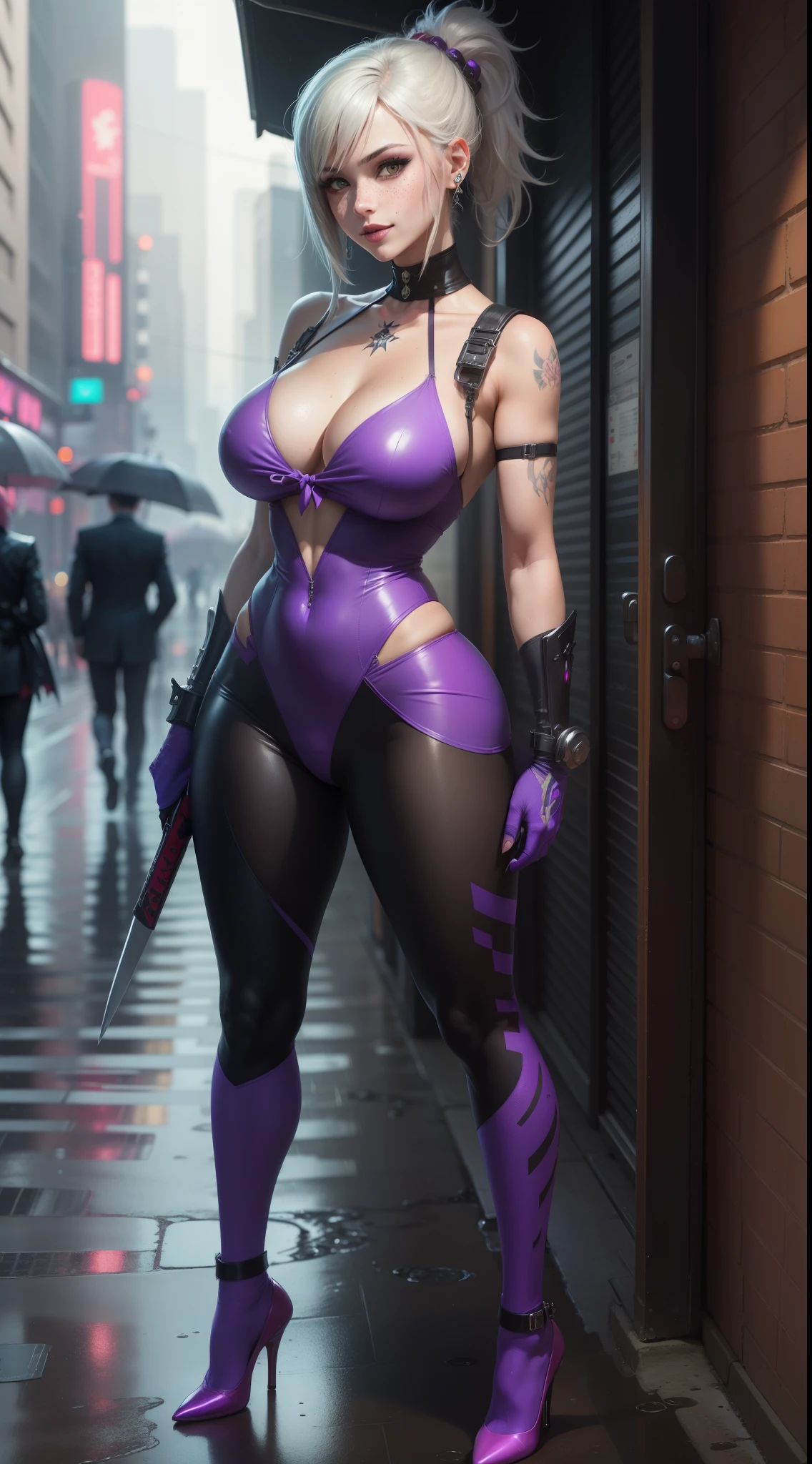 gwen tennyson,yorha 2b,mara jade,mordred, samus aran,overwatch,atelier ryza,close up,yakuza mansion,yakuza tattoos,royal purple and pink plugsuit,white short sleeve formal wear top,floral formal vest,red formal tie,royal purple short sleeve formal wear blazer,black and royal purple formal leggings,short punk hair,punk makeup,green eyes,multicolored silver hair,cyberpunk gloves,cyberpunk armor,sexy smile,freckles,beautiful girl,cyberpunk high heels,large breasts,8k,ultra detailed,realistic,fantasy art,hair pin,ear piercings,(weather:rainy),1girl,yakuza neck and head jewelry,cyberpunk katana,
