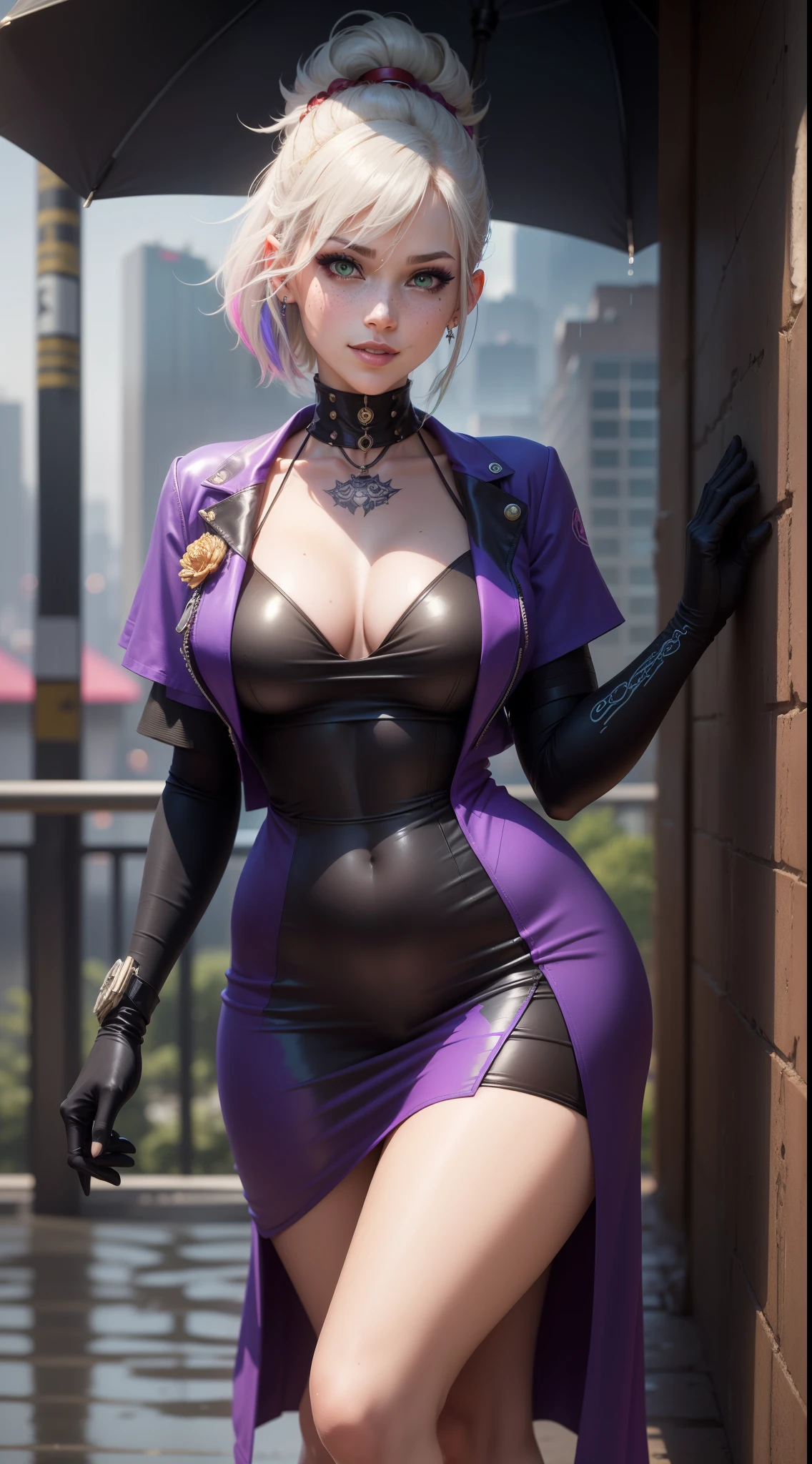 gwen tennyson,yorha 2b,mara jade,mordred, samus aran,overwatch,atelier ryza,close up,yakuza mansion,yakuza tattoos,royal purple and pink plugsuit,white short sleeve formal wear top,floral formal vest,red formal tie,royal purple short sleeve formal wear blazer,black and royal purple formal leggings,short punk hair,punk makeup,green eyes,multicolored silver hair,cyberpunk gloves,cyberpunk armor,sexy smile,freckles,beautiful girl,cyberpunk high heels,large breasts,8k,ultra detailed,realistic,fantasy art,hair pin,ear piercings,(weather:rainy),1girl,yakuza neck and head jewelry,cyberpunk katana,