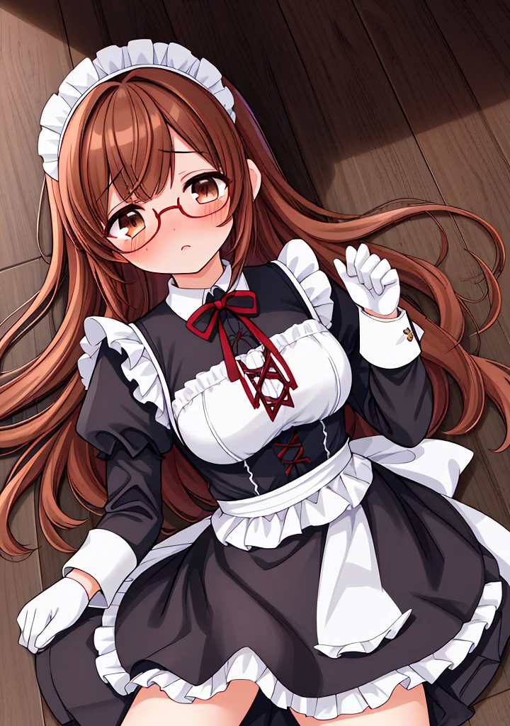 Masterpiece, Best Quality, extremly detailed, Cinematic lighting, intricate detials, hight resolution, official arts, finely detailed beautiful face and eyes, high-resolution illustration, 8K, dark intense shadows, 1girl, medium breast, long brown hair, copper hair tips, brown eyes, glasses, (swept bangs), maid uniform, dark blue dress, black shirt, puffy sleeves, long sleeves, (white waist apron), white gloves, maid headdress, lace-up white panties, broken look, broken, blushing, tears, cum, blood, cum and blood flowing out of pussy, bare breasts, pubic hair, show pussy, lying on the floor