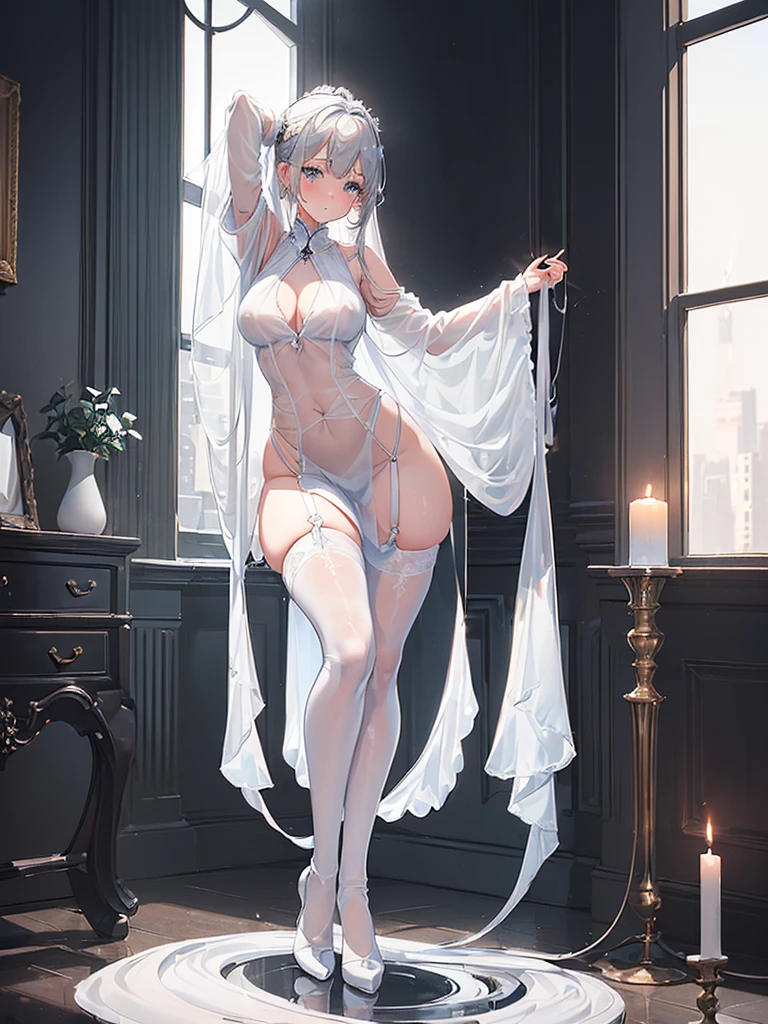 (((1 girl)),ray tracing,(dim lighting),[detailed background (living room)),((silver hair)),(silver hair)),((Fluffy silver hair, chubby and slender girl)) with a high ponytail))) Avoid golden eyes in the ominous living room ((((Girl in white transparent shirt, Black wrinkled skirt and black transparent stockings),Underwear fully visible、 showing delicate and slender figure and graceful curves, correct limbs, put your hands behind your head, put your hands behind your head, put your hands behind your head , eye details, beautiful eyes, blush、delicate eyes, blue eyes、Watery eye、sexy、Bewitching、high resolution