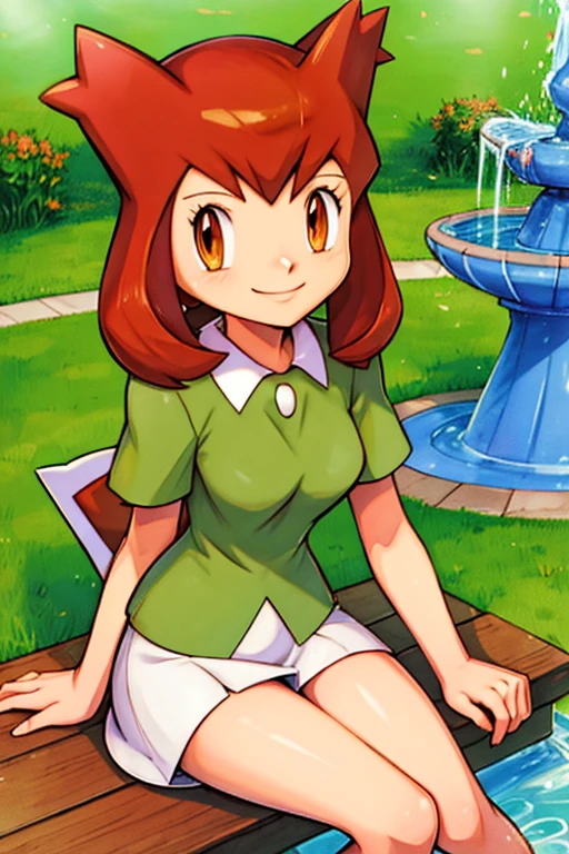 bianca (pokemon heroes), bianca outfit (pokemon heroes), anime, masterpiece, best illustration, 2d, high resolution, high quality, 1 girl, smile, sitting down, next to a fountain.