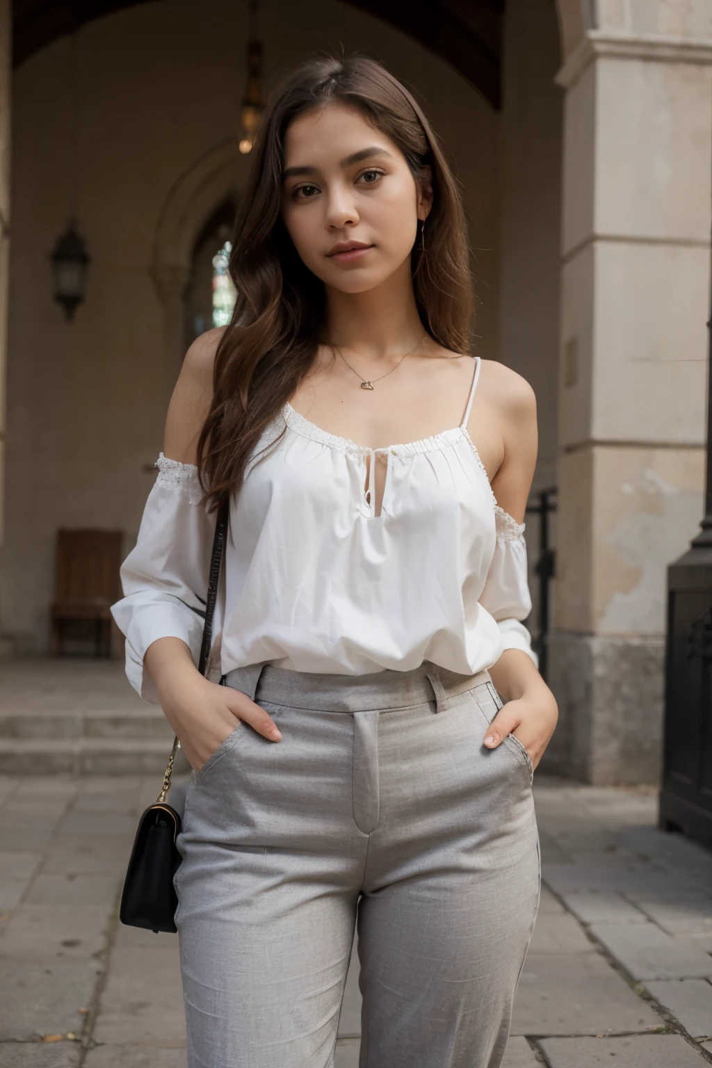 (francesa, piel morena, pants with blouse, iglesia de oaxaca), (sentada)
