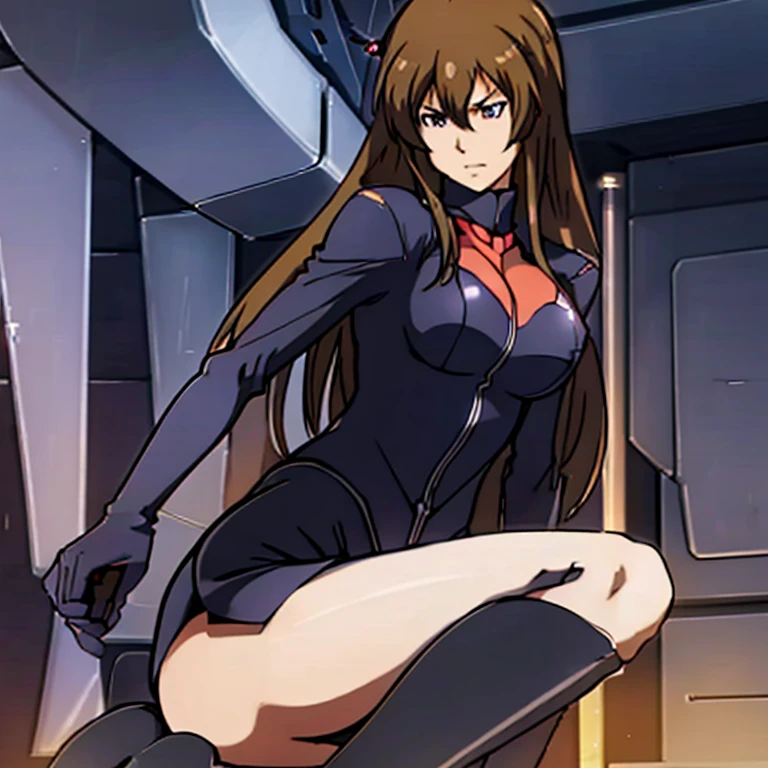 ultra-detailed, Explicit, Beautiful body, Beautiful Nose, Beautiful character design, perfect eyes, perfect face, ultra highres, 4K, beautiful legs, perfect legs, Nice hands, Perfect hand, Masterpiece, Best Quality, Highly detailed, illustration, absurdres, perfect anatomy, expressionless, blank eyes, looking at viewer, emotionless, black latex, corrution, mind control, female combatant, full body, hypnotized, unhappy trance, full body suit, both arms at side, obey, perfect female body, extremely glossy latex, hypnosis, hypnoLora, empty eyes, Mind control device, poses, submissive_pose, Slave, hat, necktie, stand up straight, standing, standing at attention, hat, necktie, belt, latex, thighhighs, garter belt, Fighting Stance, military, thigh boots, 1girl, hair ornaments, jacket, military uniform, long sleeves, black skirt, white pantyhose, black footwear, high heel boots, brown hair, long hair, purple eyes, Maria Owens, SD Gundam G ジェネレーション