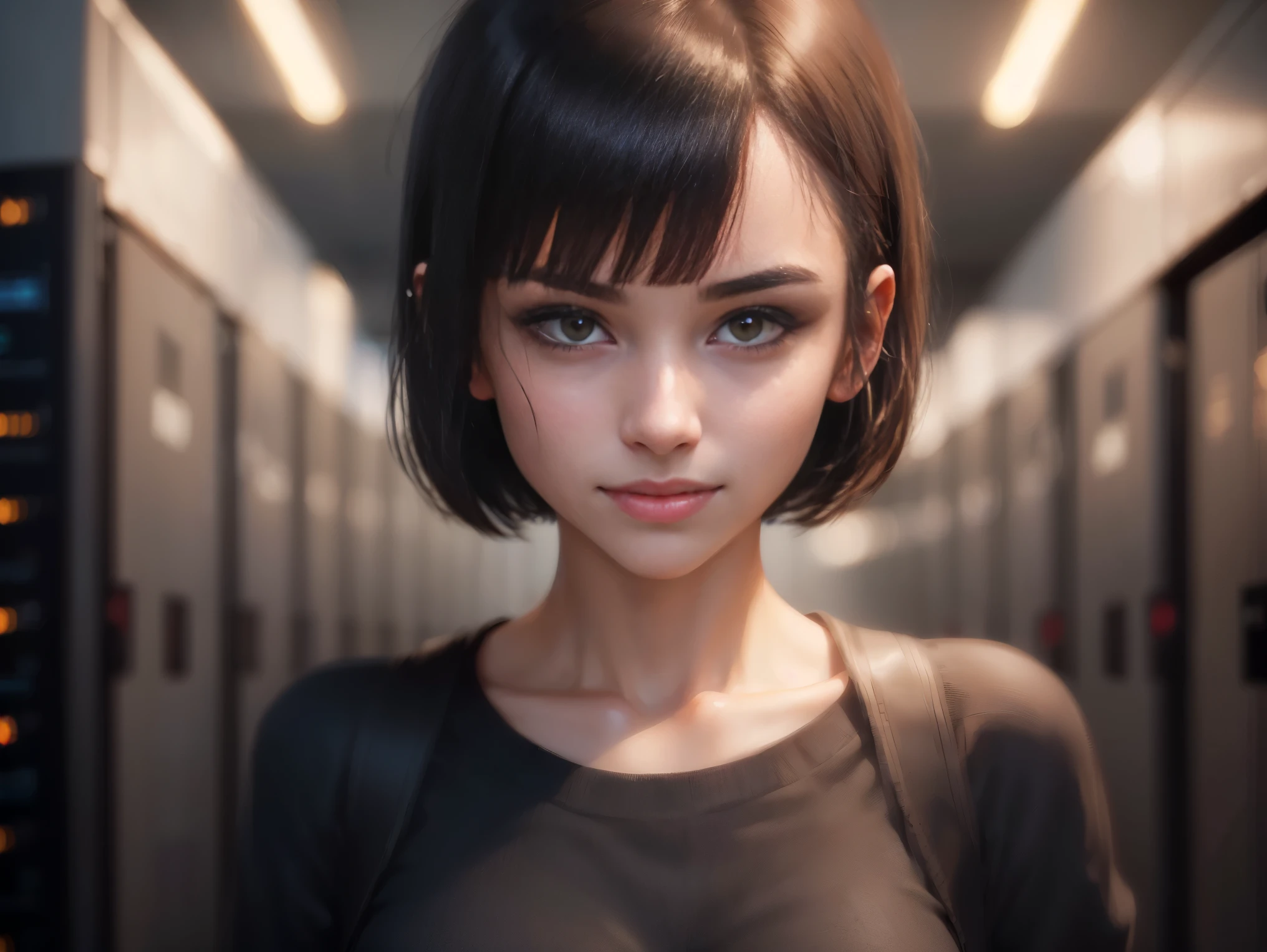 (whole body:1) Young Girl, Elegant casual wear, Hacker's server room, Detailed face, ((cool facial expression)), (Direct, Short, Thin, hair with bangs:1.2), ultra detailed photograph, (photorealistic), (complex parts:1),(masterpiece :1), (Best quality:1), ultra high resolution, (Detailed eyes), (detailed facial features), HDR, Resolution 8K, (Lens flare:0.5), Light from afar, (smile, joying)