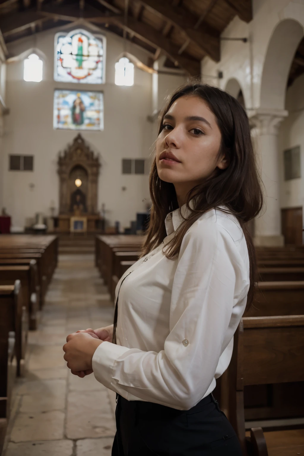 Menina de cabelo preto liso, bespectacled, com uma vestido vermelho em uma igreja com Jesus