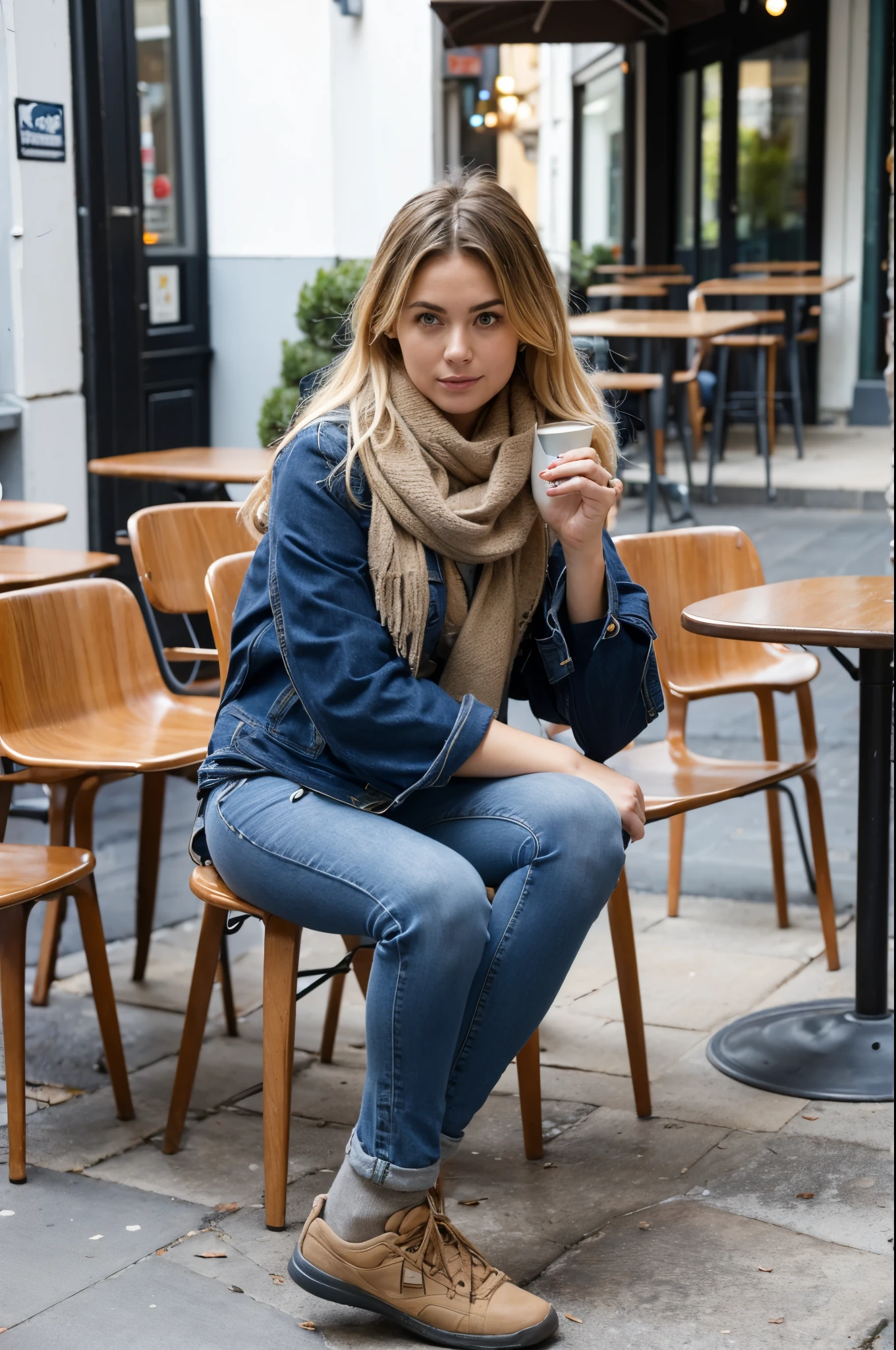 dark blue jean jacket、stylish scarf around the neck、Beige cargo pants、Blue sneakers、Model Solo、A photo that looks like a lonely face magazine model、Tea time at the café terrace、Sit in a stylish chair、drink coffee、beautiful blonde european woman
