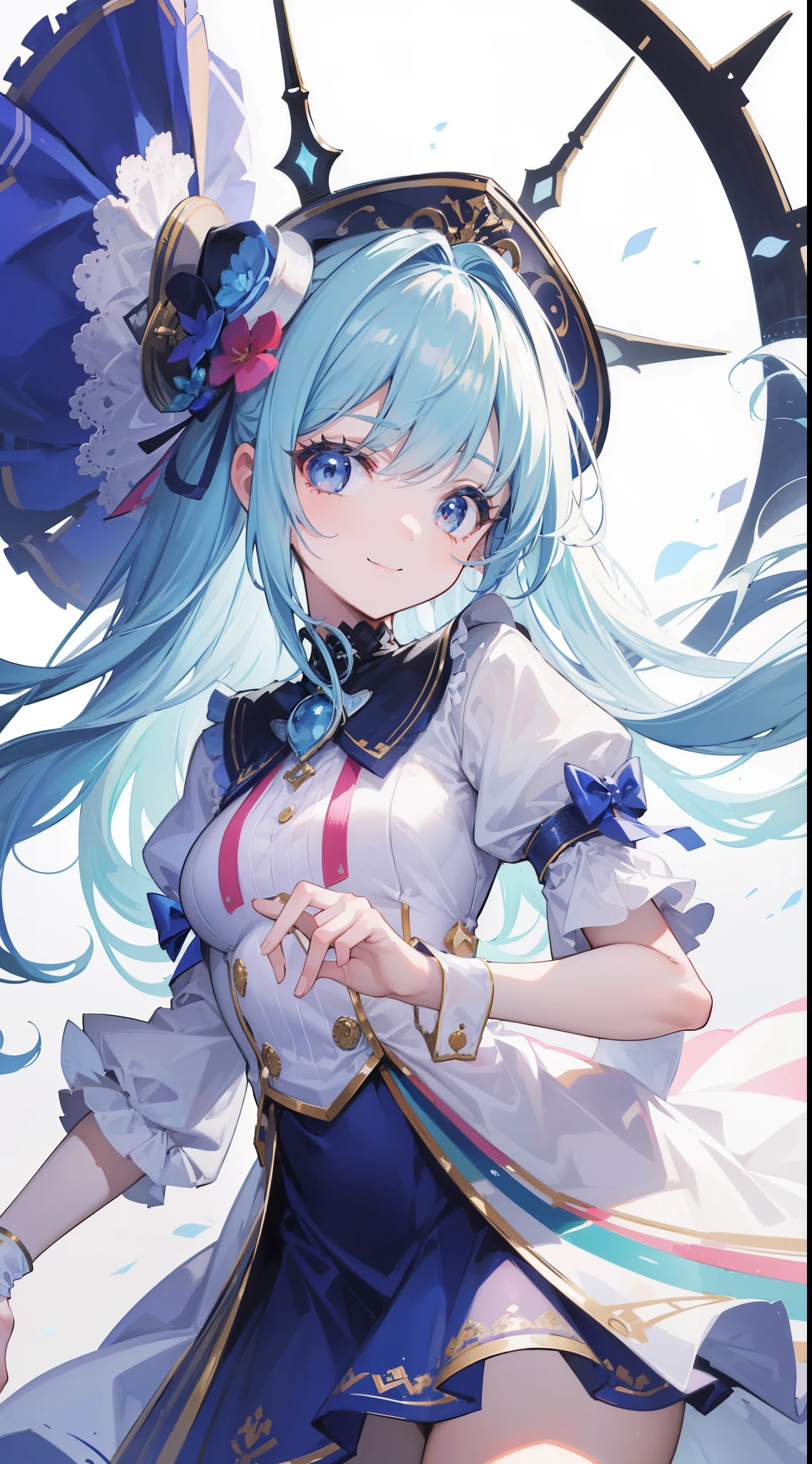 32k, best quality, ultra-detailed, high resolution, perfect anatomy, head on, cute girl, cute dress, cute hat, cute smile, colorful background,