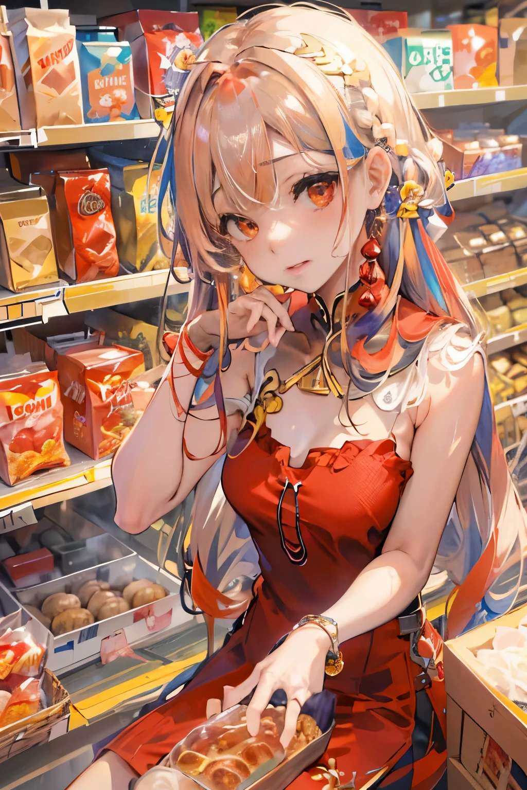 NSFW, 1girl, official anime art illustration, gilded jeweled circlet, (long multi-colored braided hair), red eyes, ((short devious aroused Vietnamese girl inside grocery store bakery aisle)), small breasts, (short tight detailed (red) dress), aroused expression, hand in panties, perfectly photorealistic, incredibly detailed, 8k, UHD, masterpiece, best quality, ultra detailed, intricate,
