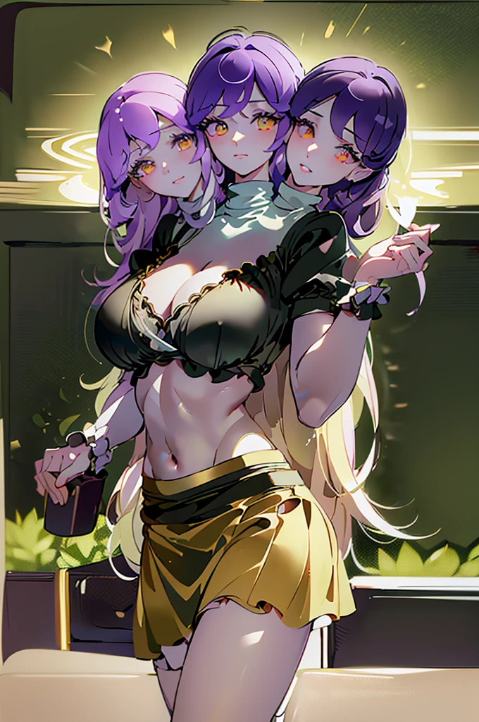(masterpiece, best quality), best quality, (ultra-detailed), (3heads:1.5), 1girl, (byakuren hijiri:1.3), masterpiece, best quality, black and white top, crop top, ((stomach)), midriff, ((groin)), black and white skirt, normal ears, shackles, light brown hair that fades to purple at the top , very long hair, wavy hair, sidelocks, hazel eyes, detailed eyes, parted lips, single horn, sweat, cute, toned belly, hand on own chest, eyelashes, (25 year old woman:1.3), (masterpiece:1.5), (best quality:1.5), (beautiful detailed), extremely detailed CG, extremely delicate and beautiful, depth of field, (finely detailed face), (perfect details:1.2), (mature female:1.3), wide pelvis, slender, large veiny breast, 8k resolution, very high quality, very high definition, extremely detailed, masterpiece, light brown hair that fades to purple at the top hair, long hair, alluring presence, braid, short skirt, close up, big tits, young,