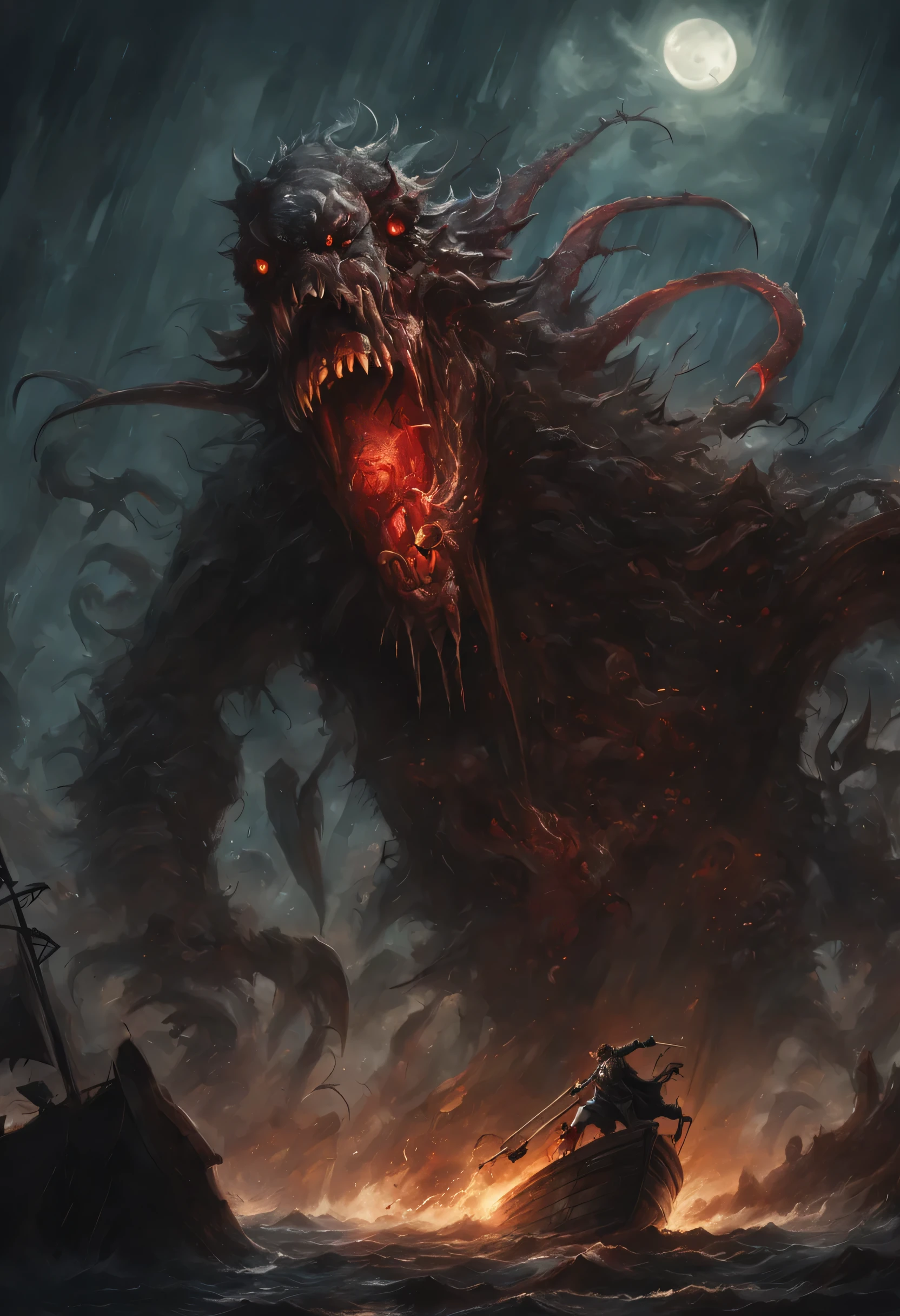 A grim digital matte painting of a demonic sea monster with a bloodied face and a bloodied head,fighting a huge ship, carnage, cosmic horror story, creative entropy, ominously detailed, eerie and macabre, Sci fi Horror Art of Fiction, Science fiction horror artwork, inspired by frank frazetta, Tye Martinez, Sam spratt, Beeple and Aleksi Briclot, Crocs de carnage, Horror fantasy art, par Aleksi Briclot, Horror concept art, venin, Art fantastique et horreur, Detailed illustration of 4K horror, Demonic creature, Dark Fantasy Horror Art, occult art, album art, foreboding colours,