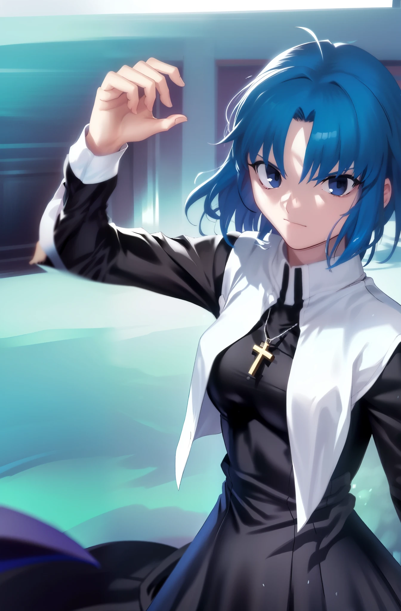 Takeuchi Takahashi, (best quality, 4k, 8k, highres,masterpiece:1.2), (ultra-detailed:1.5), ciel_(tsukihime), cowboy shot, 1girl, solo, (long black dress:1.4), chain, (white habit:1.5), sad, looking at viewer, antenna hair, (ahoge:1), closed mouth, fingernails, breasts, medium breasts, cross, latin cross, cross, holding, necklace, nun, symmetrical, serious, (eyebrow), blue room