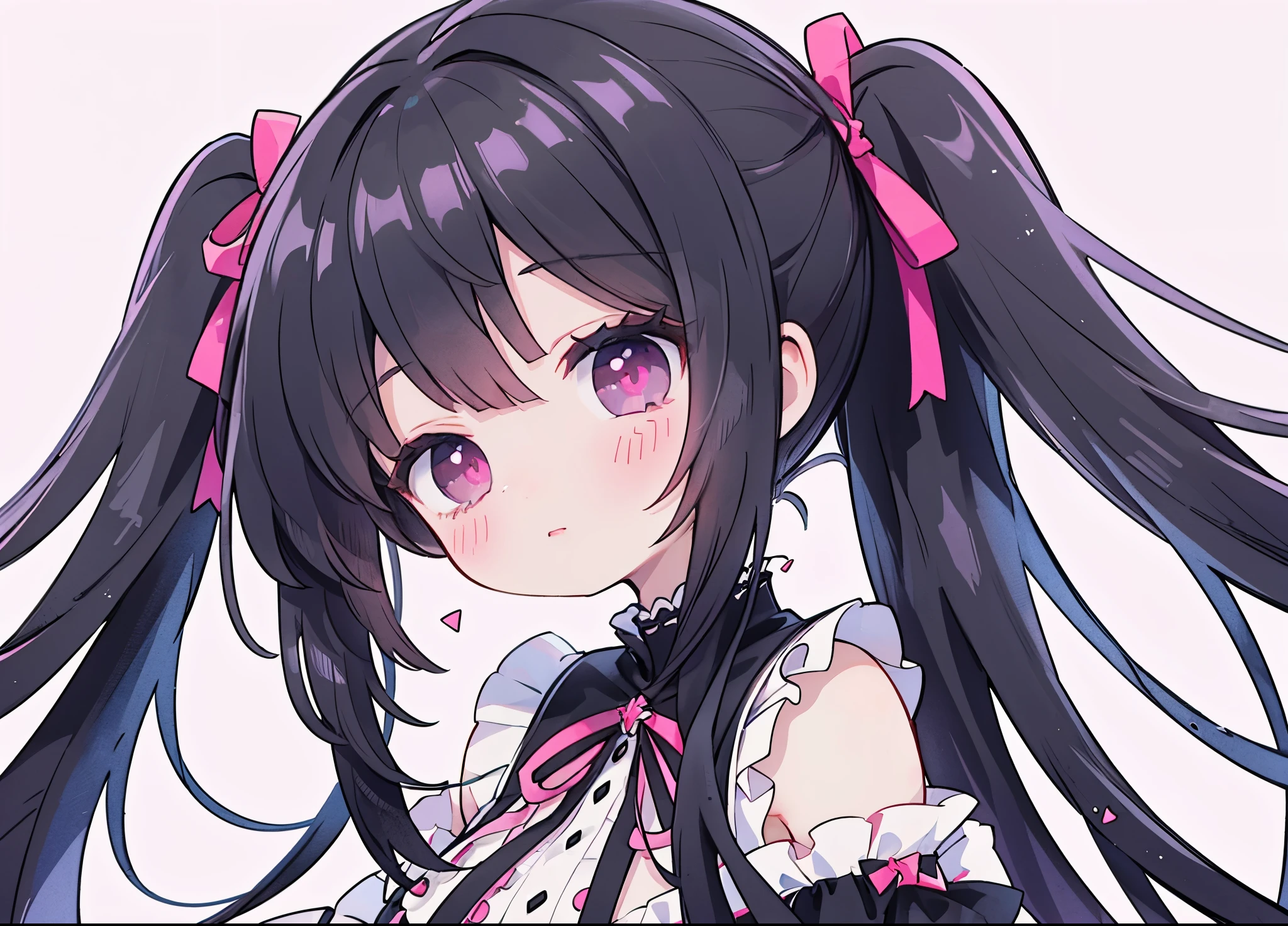 ((central)), ((face to face)), masterpiece, dressed in Gothic ta clothes, black hair twintails, neon eyes, pink eyes, Solo, One girl, Solid pink background