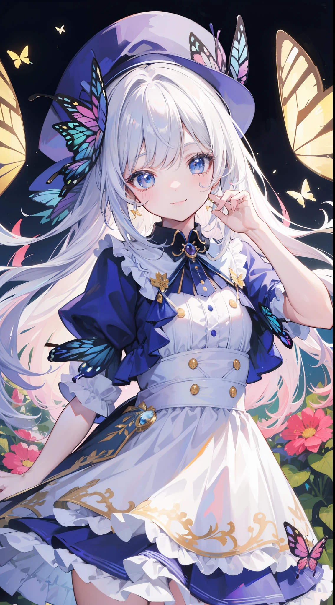 32k, best quality, ultra-detailed, high resolution, perfect anatomy, head on, cute girl, cute dress, cute hat, cute smile, colorful butterfly background,