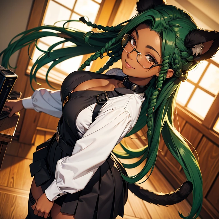 Dark Brown skin tanuki girl, tanuki ears and tail, dark brown skin, brown skin, african american, darker skin, negro, hazel eyes, green long dreadlocks, green dreadlocks space buns, green dreadlocks, dreadlocks are green, green hair, 25 years old, she is chubby, curvy, she is fat, thick, obese, body is plus sized, big butt, big breast, sitting in bedroom, gold circle glasses , facing camera, explicit, pleated goth skirt, pinafore dress, thigh high socks, collar on neck , grinning, cleavage showing, holding cigar, vfx, high def, best quality, low angle, atmospheric lighting, girly boy, wearing combat boots, two legs, close up, cat ears and tail