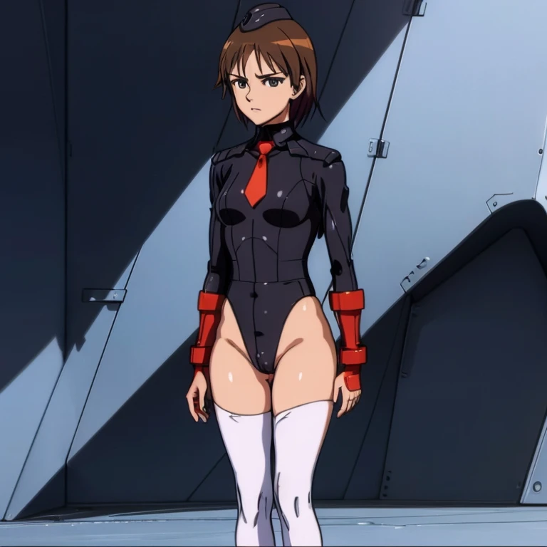 ultra-detailed, Explicit, Beautiful body, Beautiful Nose, Beautiful character design, perfect eyes, perfect face, ultra highres, 4K, beautiful legs, perfect legs, Nice hands, Perfect hand, Masterpiece, Best Quality, Highly detailed, illustration, absurdres, perfect anatomy, expressionless, blank eyes, looking at viewer, emotionless, black latex, corrution, mind control, female combatant, full body, hypnotized, unhappy trance, full body suit, both arms at side, obey, perfect female body, extremely glossy latex, hypnosis, hypnoLora, empty eyes, Mind control device, poses, submissive_pose, Slave, hat, necktie, stand up straight, standing, standing at attention, hat, necktie, belt, latex, thighhighs, garter belt, Fighting Stance, military, thigh boots, 1girl, hair ornaments, jacket, military uniform, long sleeves, black skirt, white pantyhose, black footwear, high heel boots, brown hair, short hair, brown eyes, miyafuji yoshika, strike witches