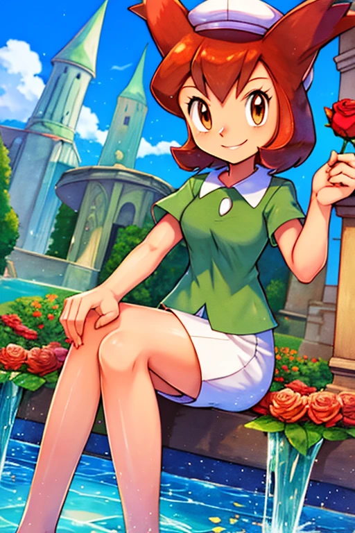 bianca (pokemon heroes), bianca outfit (pokemon heroes), anime, masterpiece, best illustration, 2d, high resolution, high quality, 1 girl, smile, sitting down, next to a fountain, holding a rose, blue sky. 