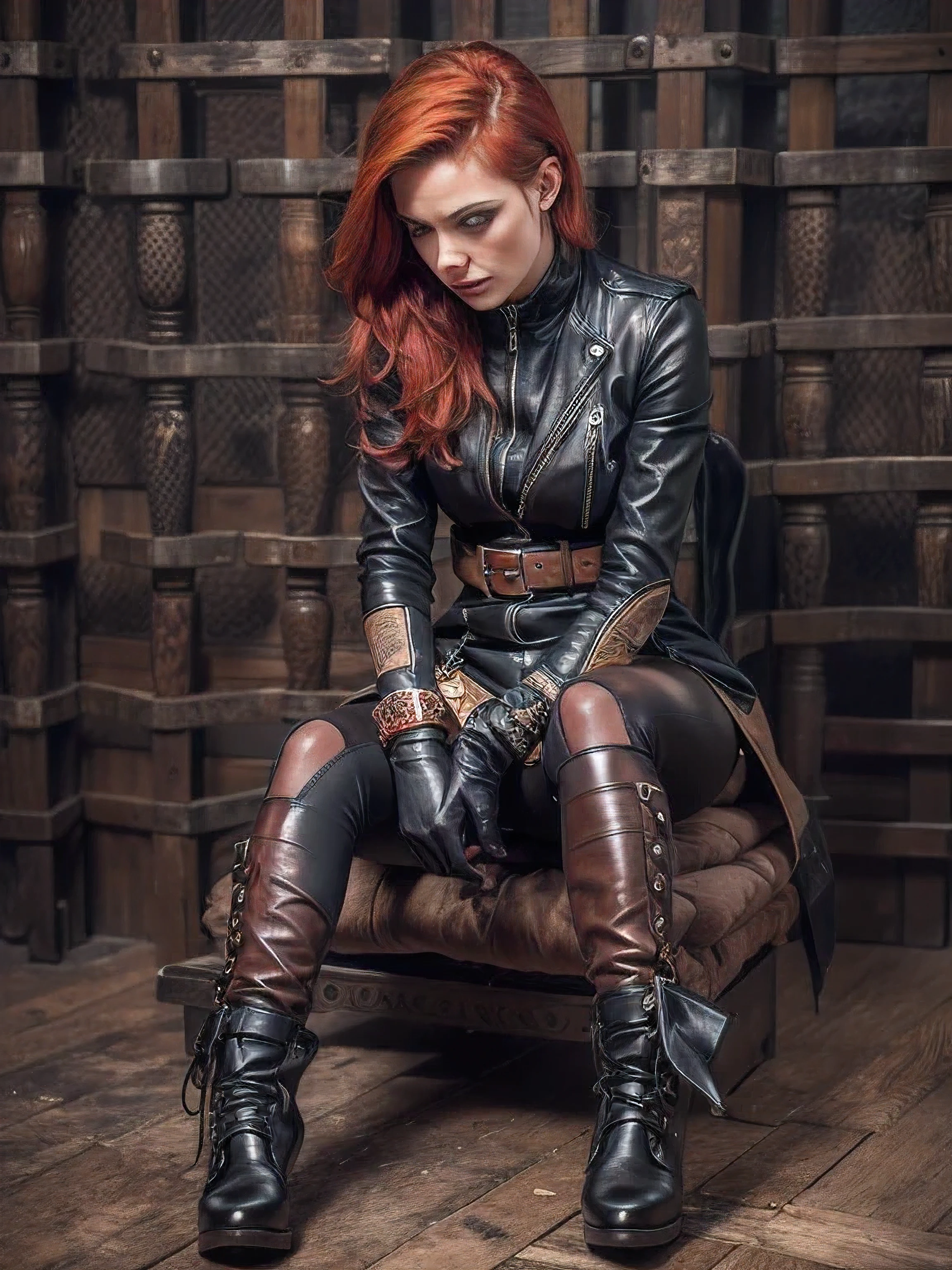 Woman sitting on a chair while awaiting torture session. rough leather pants with openings for her private parts make it difficult to move, Tight, rough leather suit, Belts make it difficult to breathe, Gothic pattern on pants:1.3, contrast of ecstasy and rough leather clothes, high heels boots. with a feeling of excitement and fear. Copper-red hair